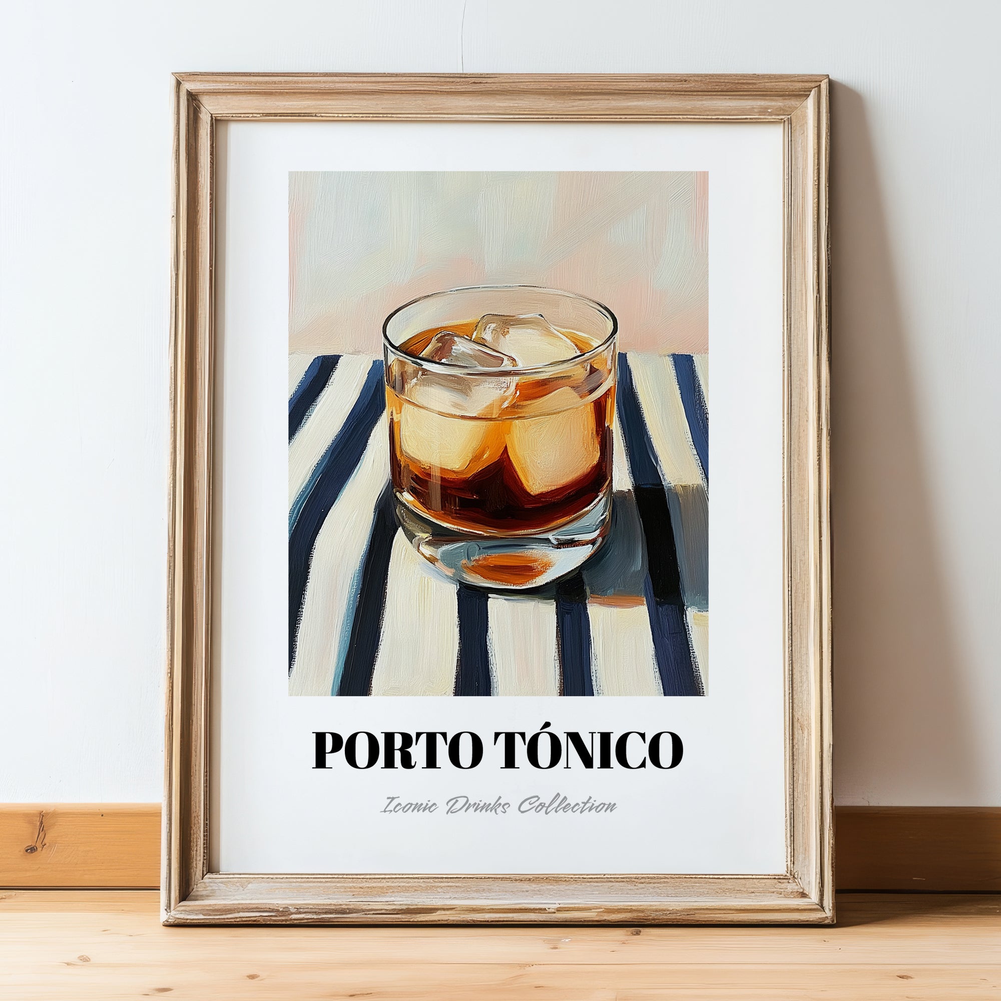 Porto Tónico – on Striped Tablecloth, Portuguese Cocktail Wall Art, in wooden frame leaning on the floor