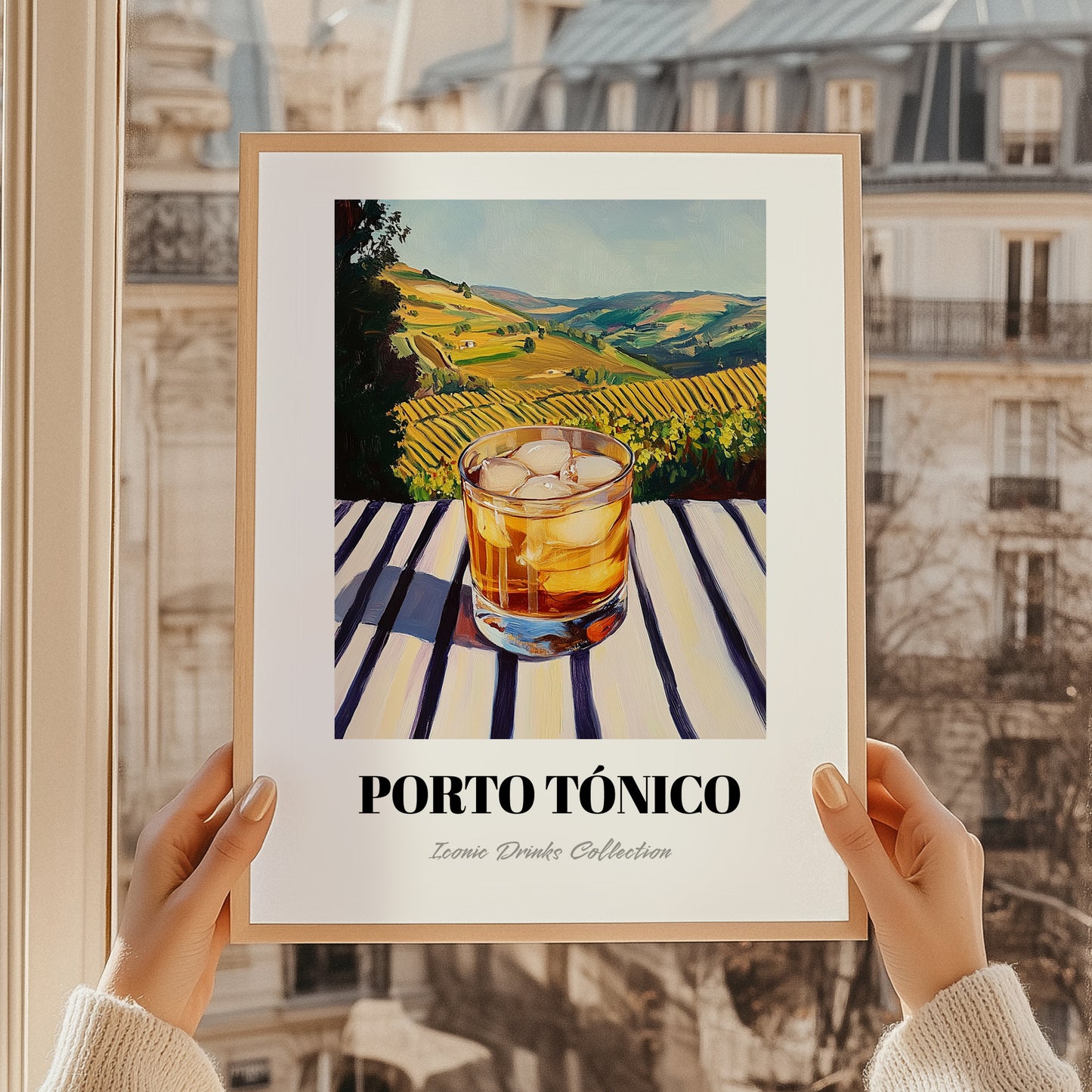 Porto Tónico – Portuguese Hilltop Table Scene, Portuguese Cocktail Wall Decor, styled in a charming Paris street view