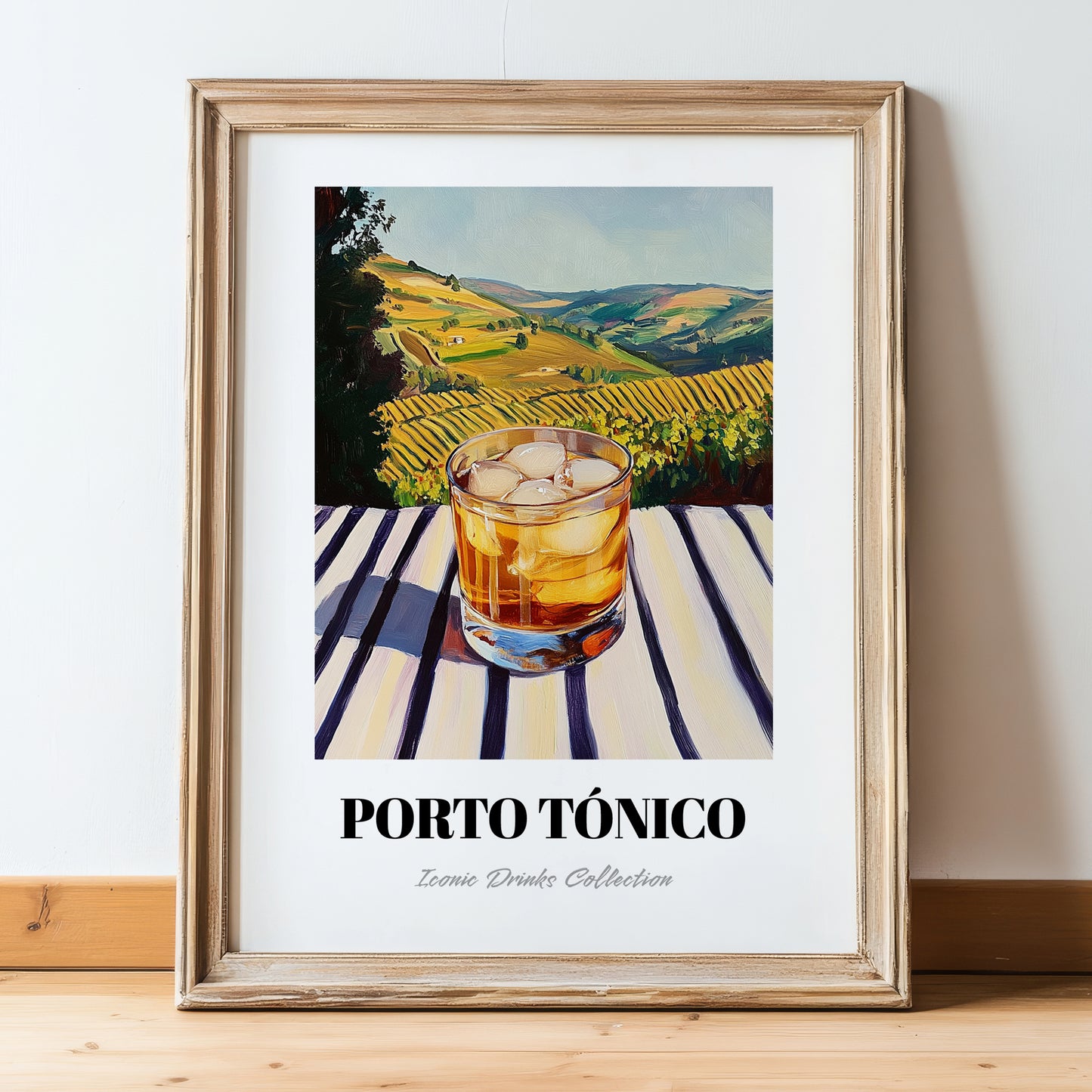 Porto Tónico – Portuguese Hilltop Table Scene, Portuguese Cocktail Wall Decor, in wooden frame leaning on the floor