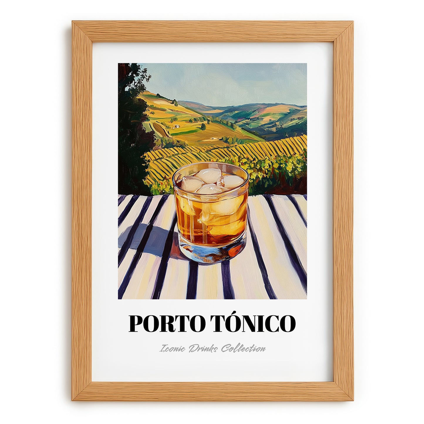 Porto Tónico – Portuguese Hilltop Table Scene, Portuguese Cocktail Wall Decor, set in oak frame