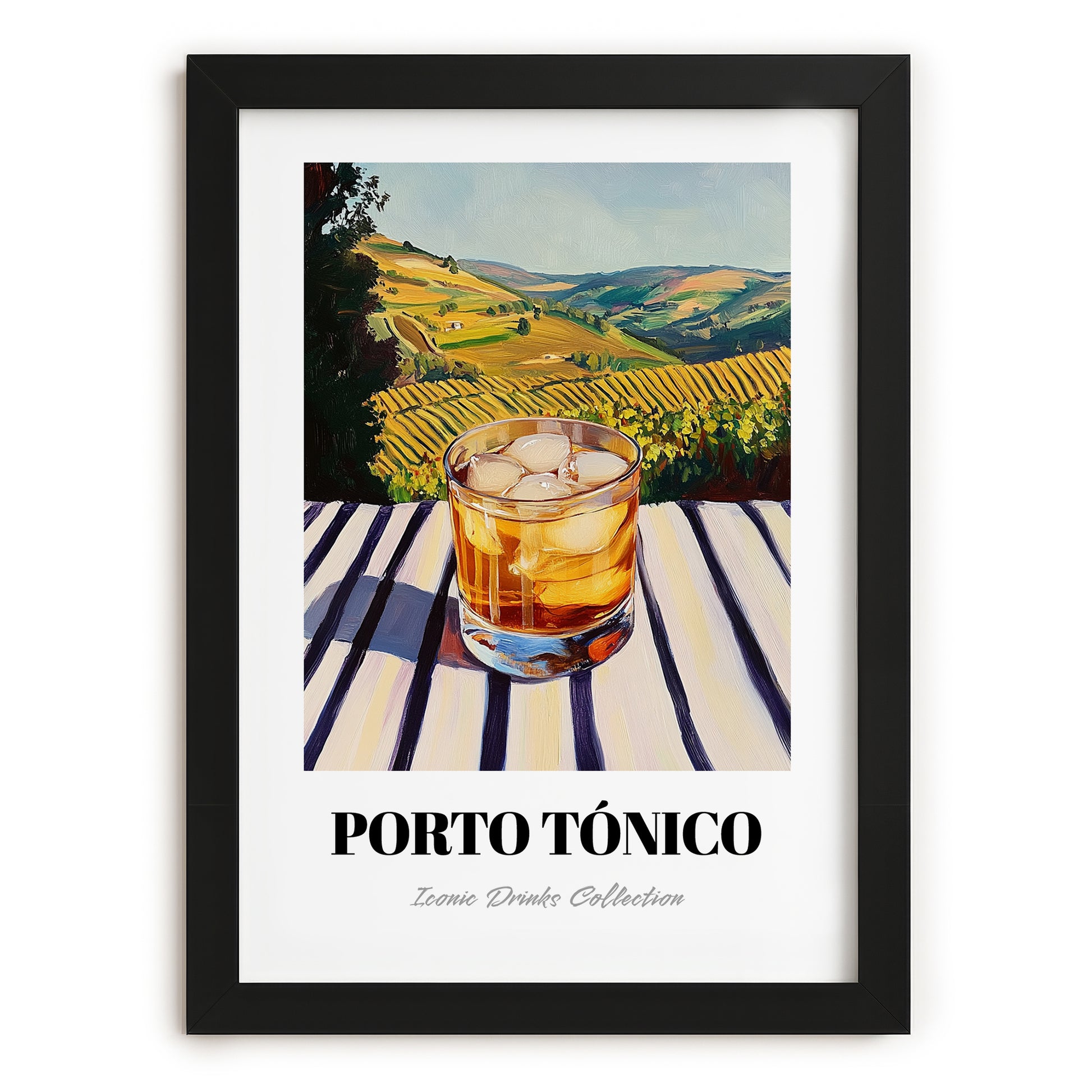 Porto Tónico – Portuguese Hilltop Table Scene, Portuguese Cocktail Wall Decor, in sleek black frame