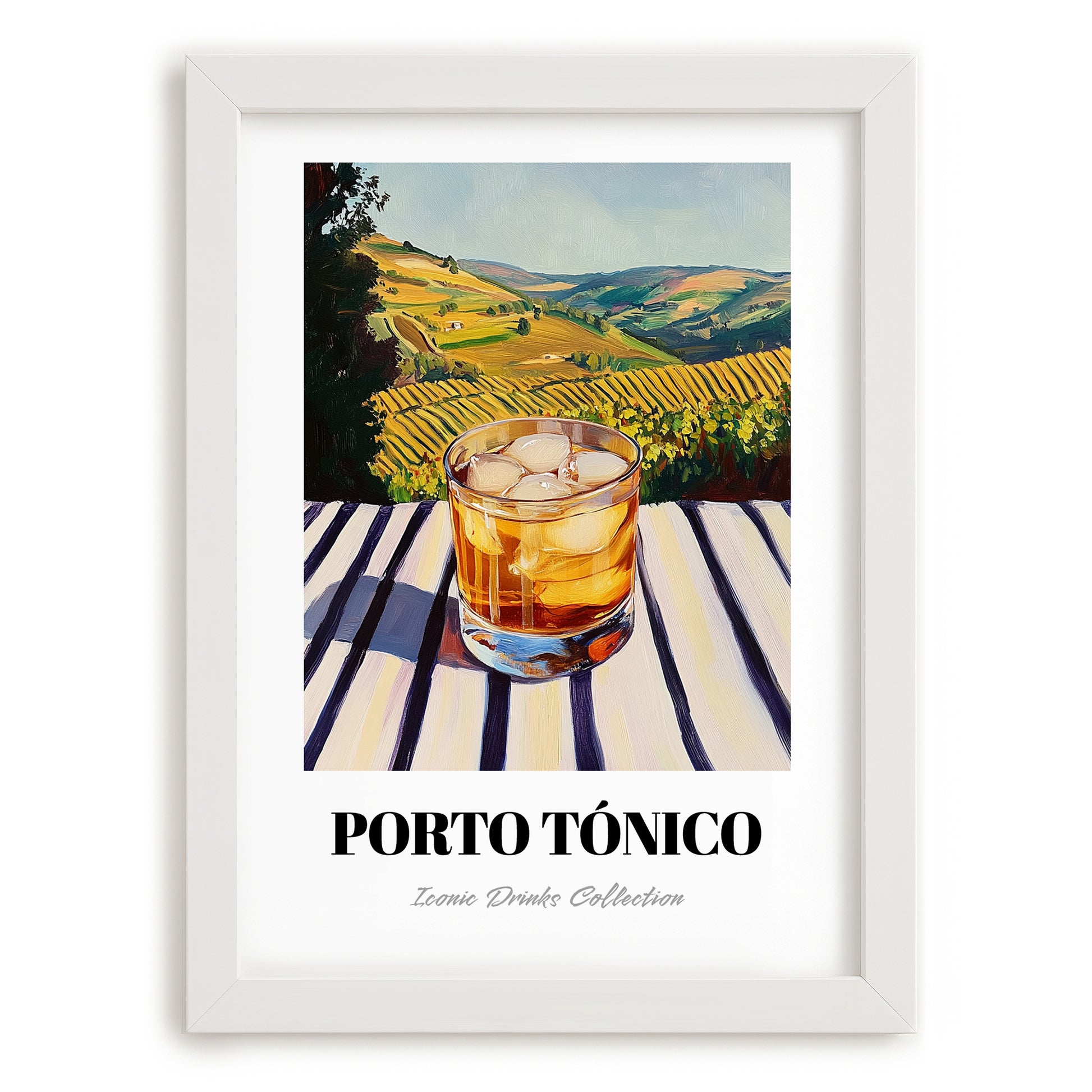 Porto Tónico – Portuguese Hilltop Table Scene, Portuguese Cocktail Wall Decor, placed in minimal white frame