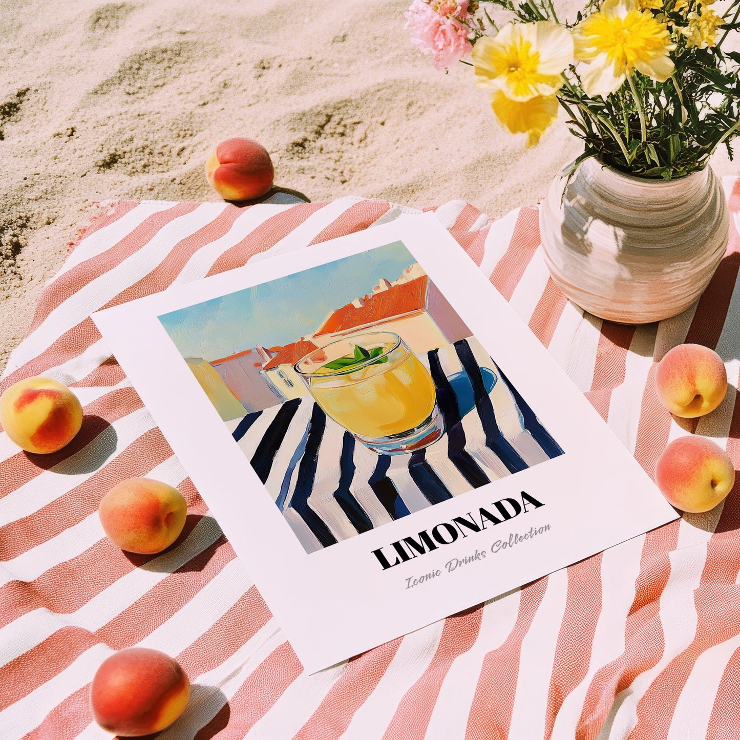 Limonada – Portuguese Café on the Corner, Portuguese Lemonade Art, unframed on coastal sand