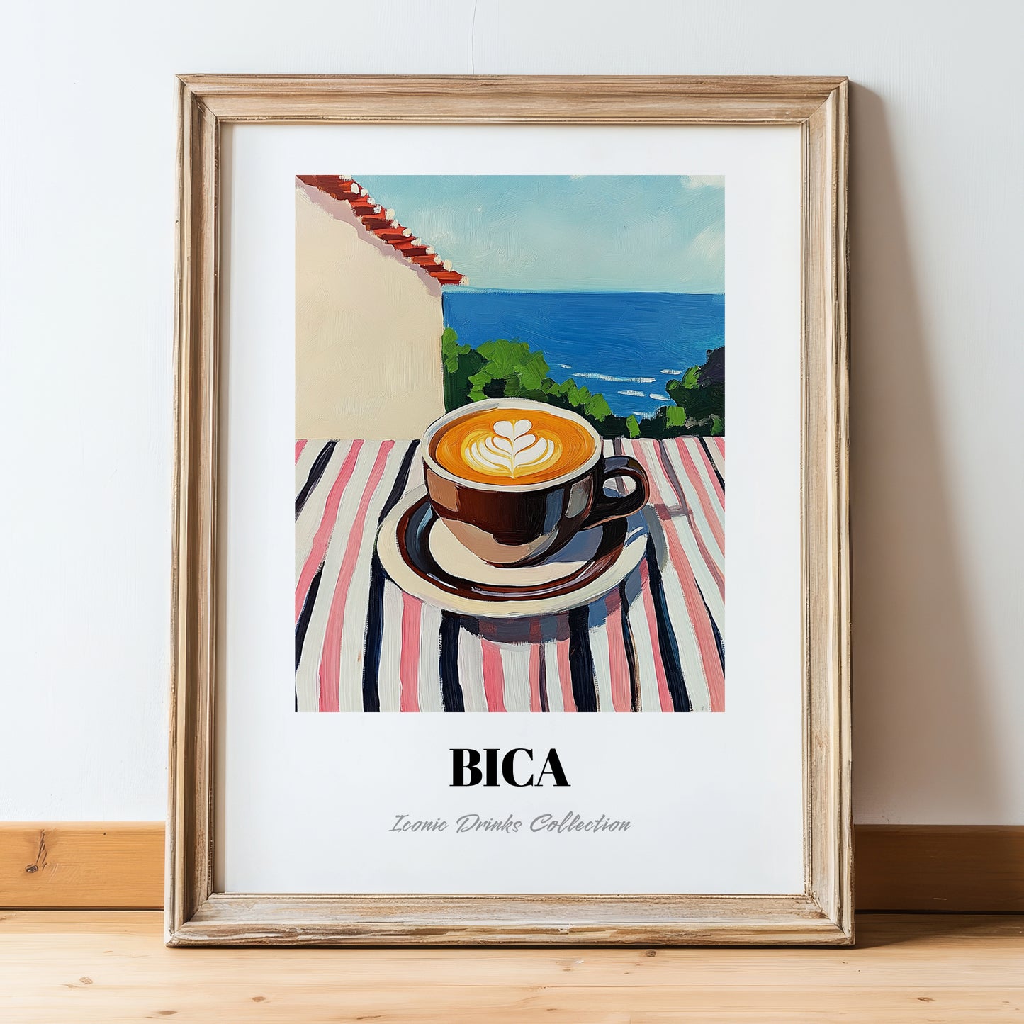 Bica – Portuguese Seaside Scene, Portuguese Coffee Wall Decor, in wooden frame leaning on the floor