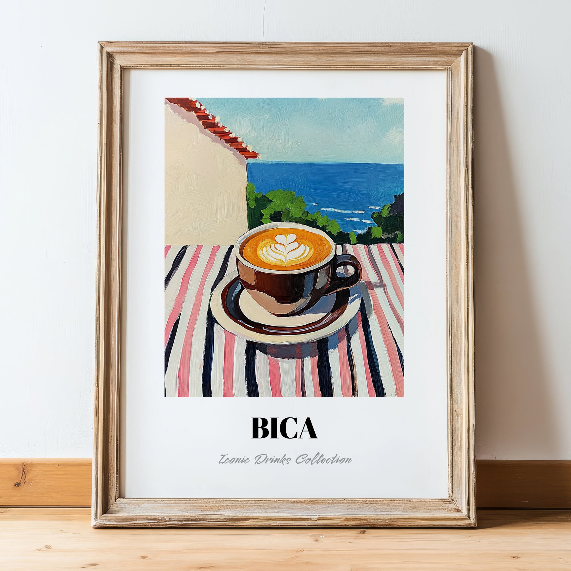 Bica – Portuguese Seaside Scene, Portuguese Coffee Wall Decor, in wooden frame leaning on the floor