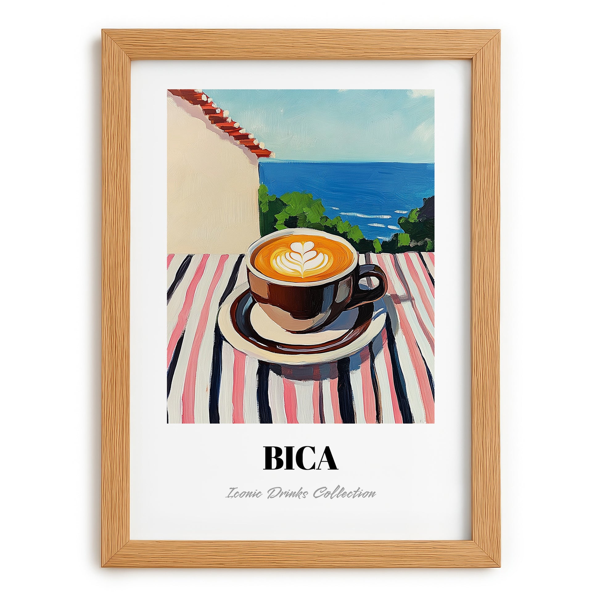 Bica – Portuguese Seaside Scene, Portuguese Coffee Wall Decor, set in oak frame