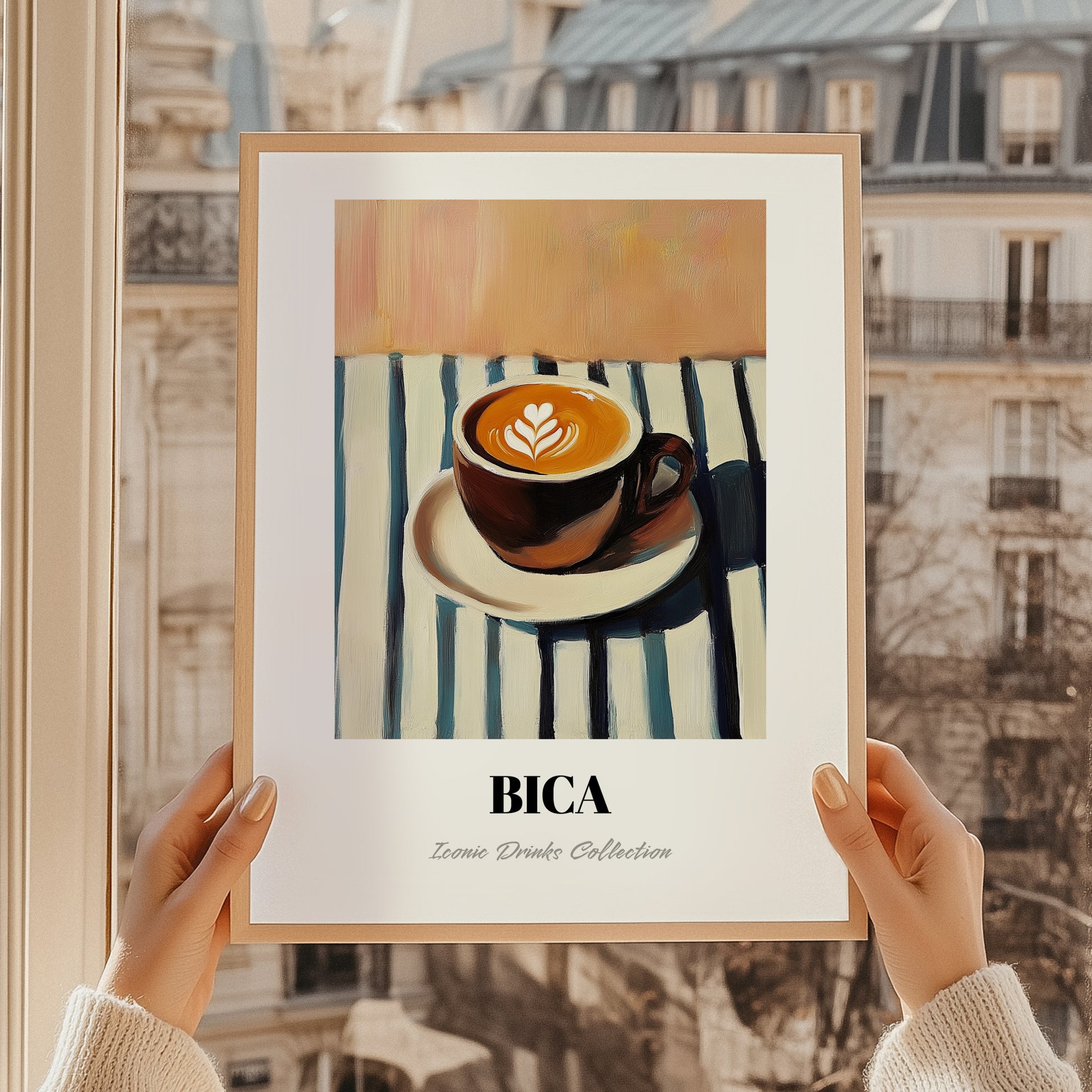 Bica – on Striped Tablecloth, Portuguese Coffee Still Life, styled in a charming Paris street view
