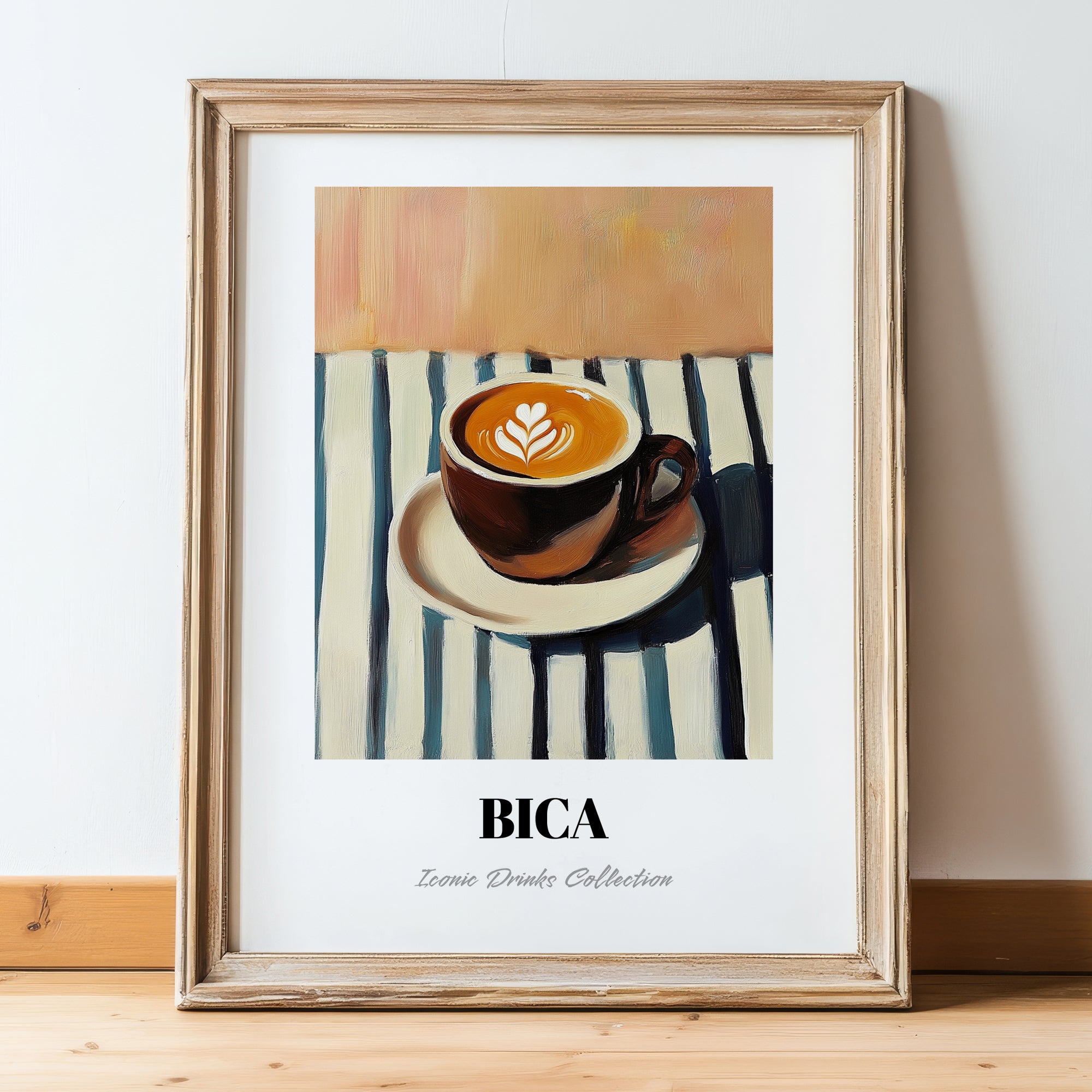 Bica – on Striped Tablecloth, Portuguese Coffee Still Life, in wooden frame leaning on the floor