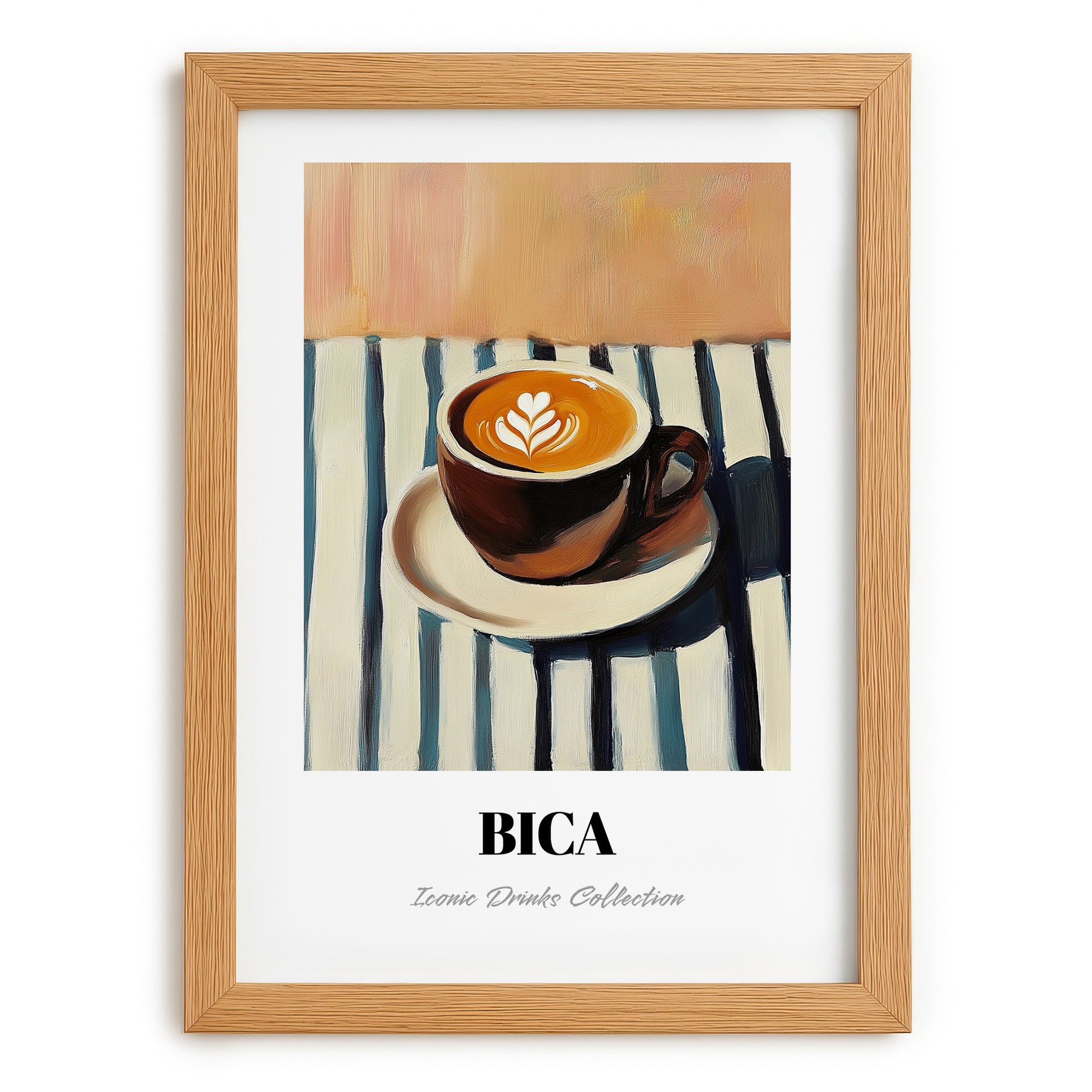 Bica – on Striped Tablecloth, Portuguese Coffee Still Life, set in oak frame