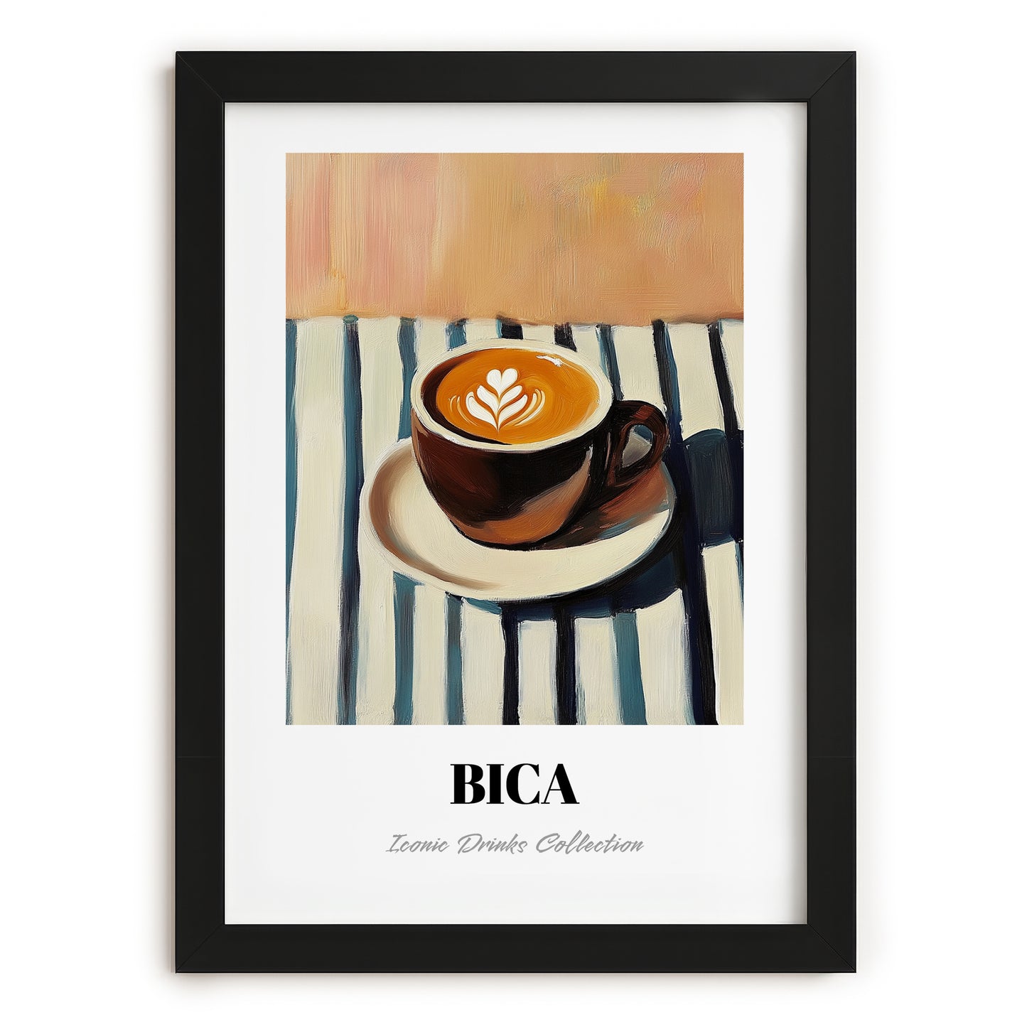 Bica – on Striped Tablecloth, Portuguese Coffee Still Life, in sleek black frame