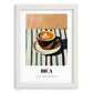 Bica – on Striped Tablecloth, Portuguese Coffee Still Life, placed in minimal white frame