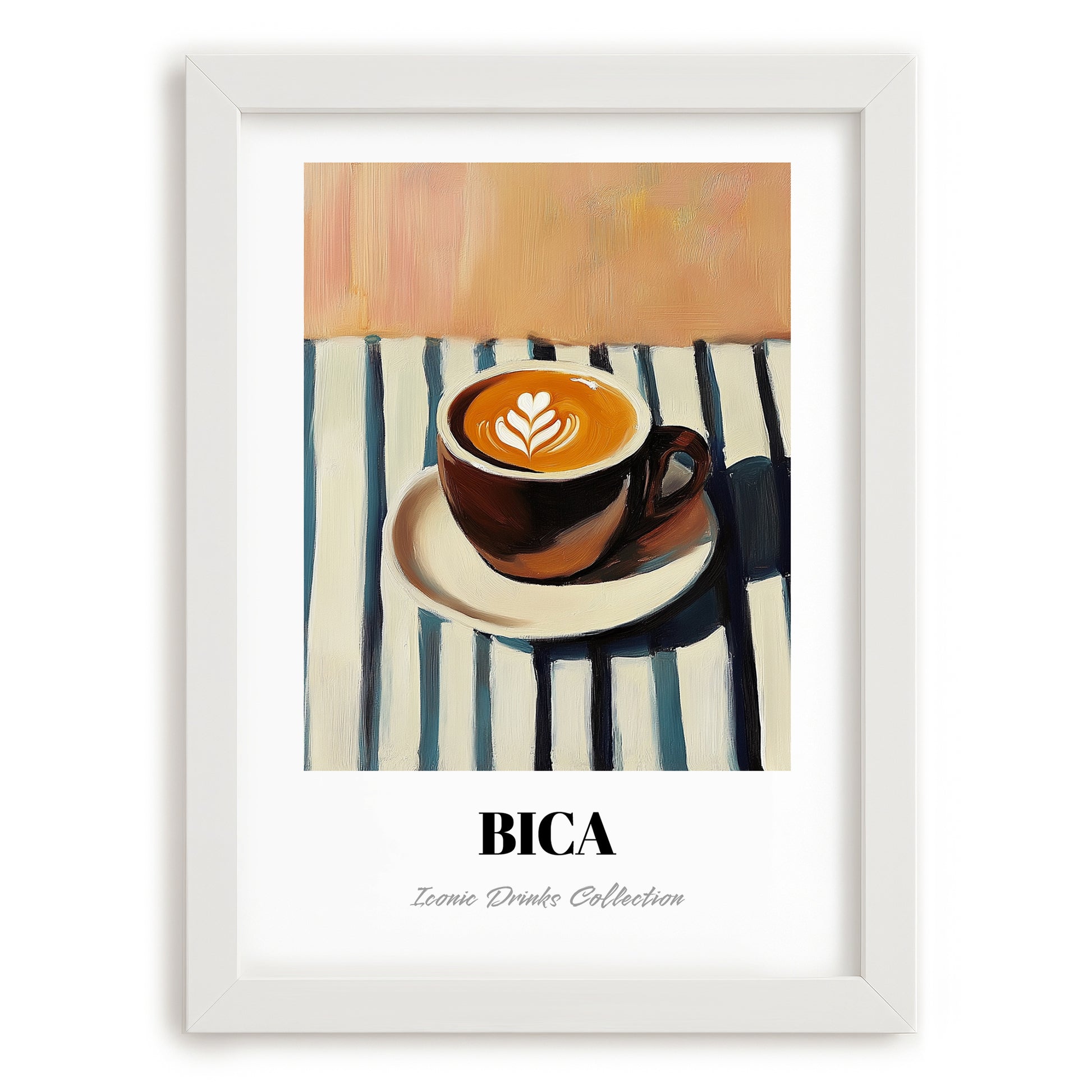 Bica – on Striped Tablecloth, Portuguese Coffee Still Life, placed in minimal white frame