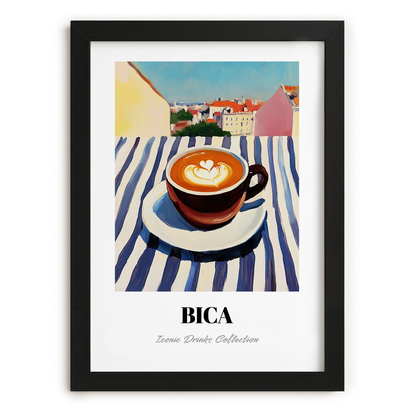 Bica – Portuguese Urban Café Scene, Portuguese Coffee Poster, in sleek black frame