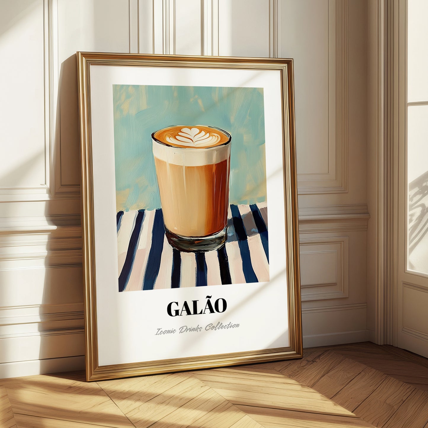 Galão – on Striped Tablecloth, Portuguese Coffee Wall Decor