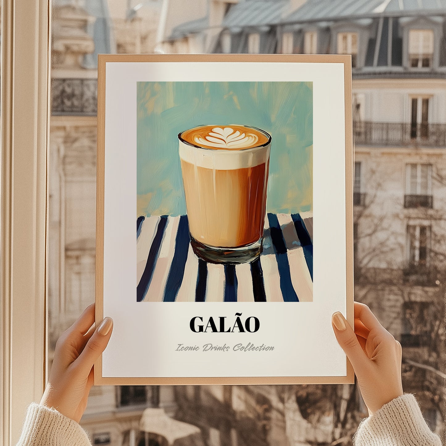 Galão – on Striped Tablecloth, Portuguese Coffee Wall Decor, styled in a charming Paris street view
