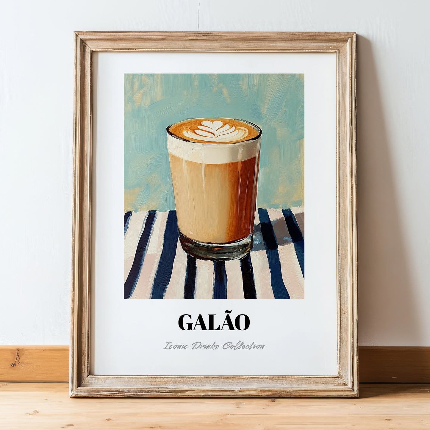 Galão – on Striped Tablecloth, Portuguese Coffee Wall Decor, in wooden frame leaning on the floor