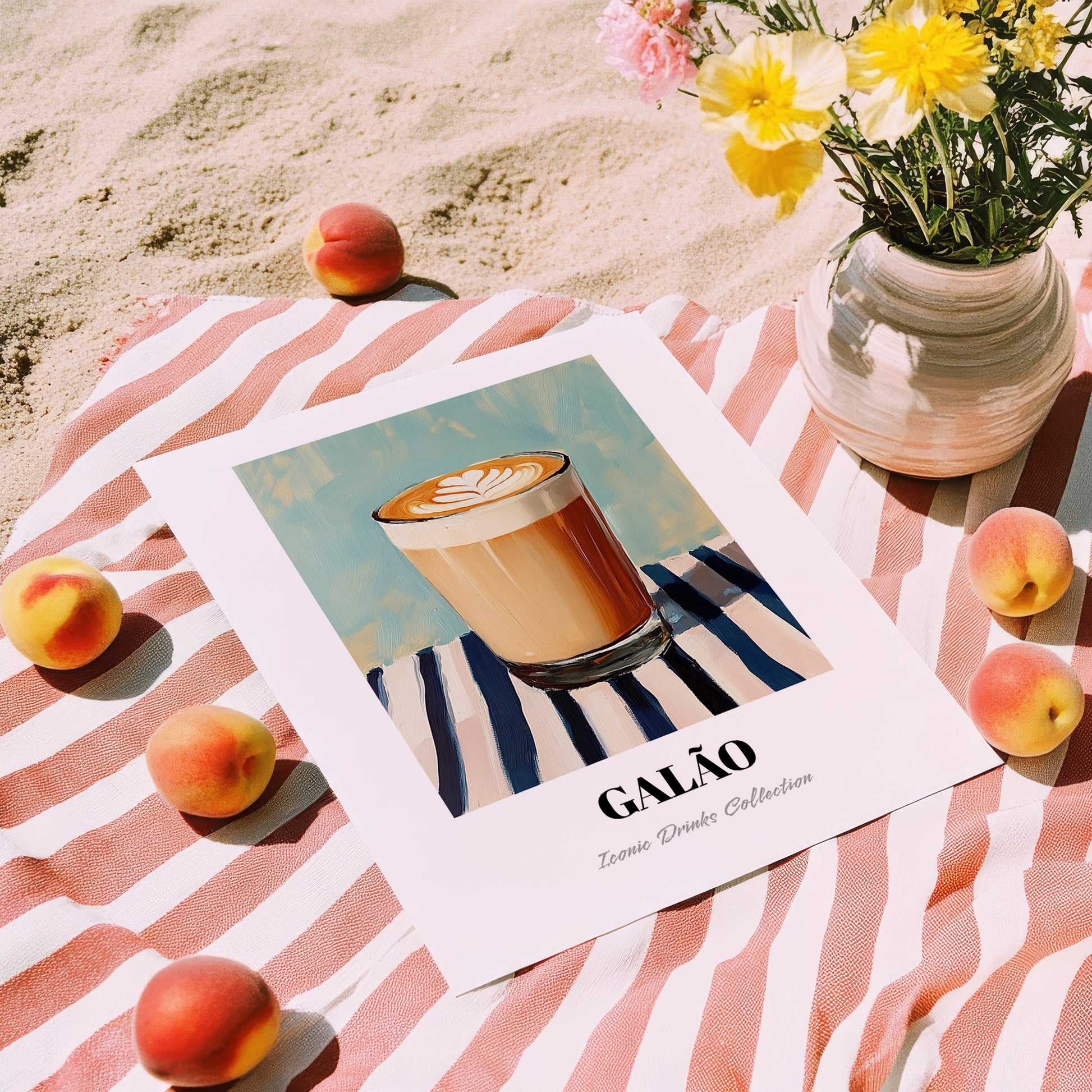 Galão – on Striped Tablecloth, Portuguese Coffee Wall Decor, unframed on coastal sand