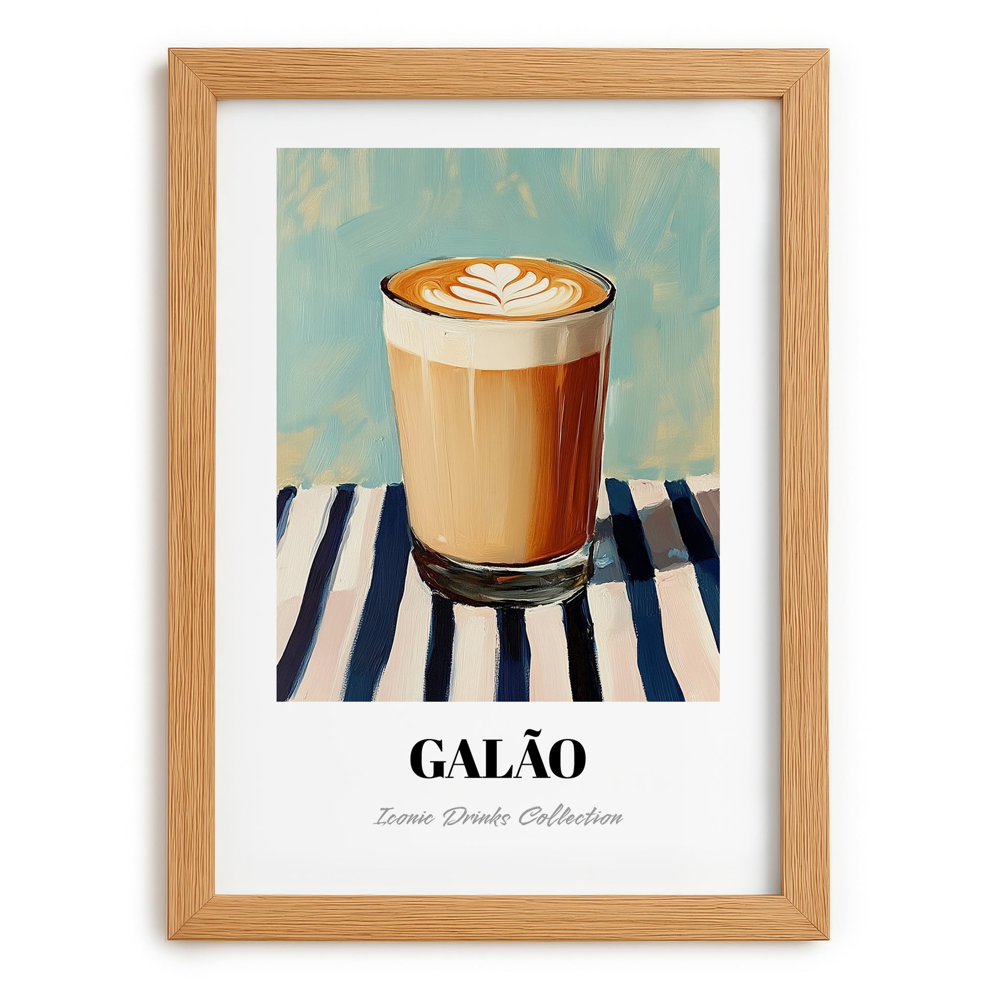 Galão – on Striped Tablecloth, Portuguese Coffee Wall Decor, set in oak frame