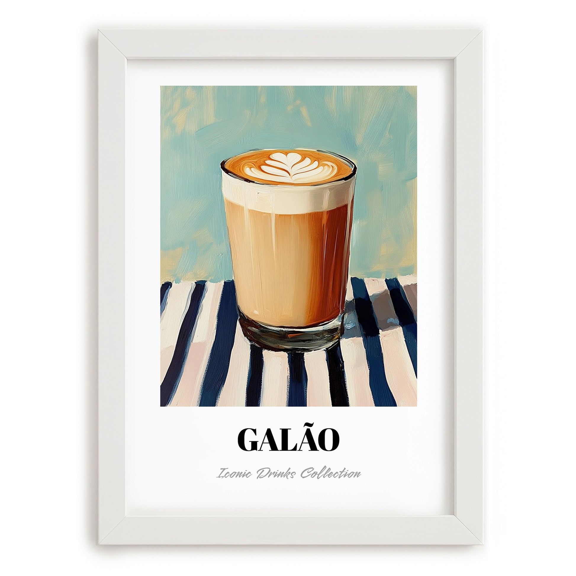 Galão – on Striped Tablecloth, Portuguese Coffee Wall Decor, placed in minimal white frame