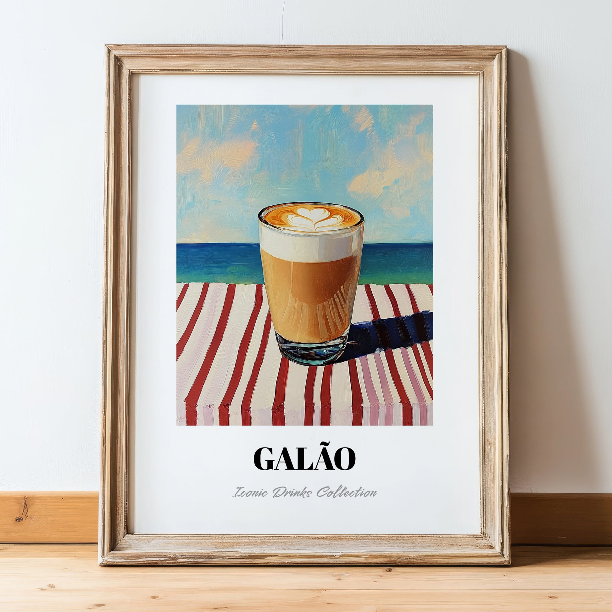 Galão – Portuguese Coastal Café Moment, Portuguese Coffee Painting, in wooden frame leaning on the floor