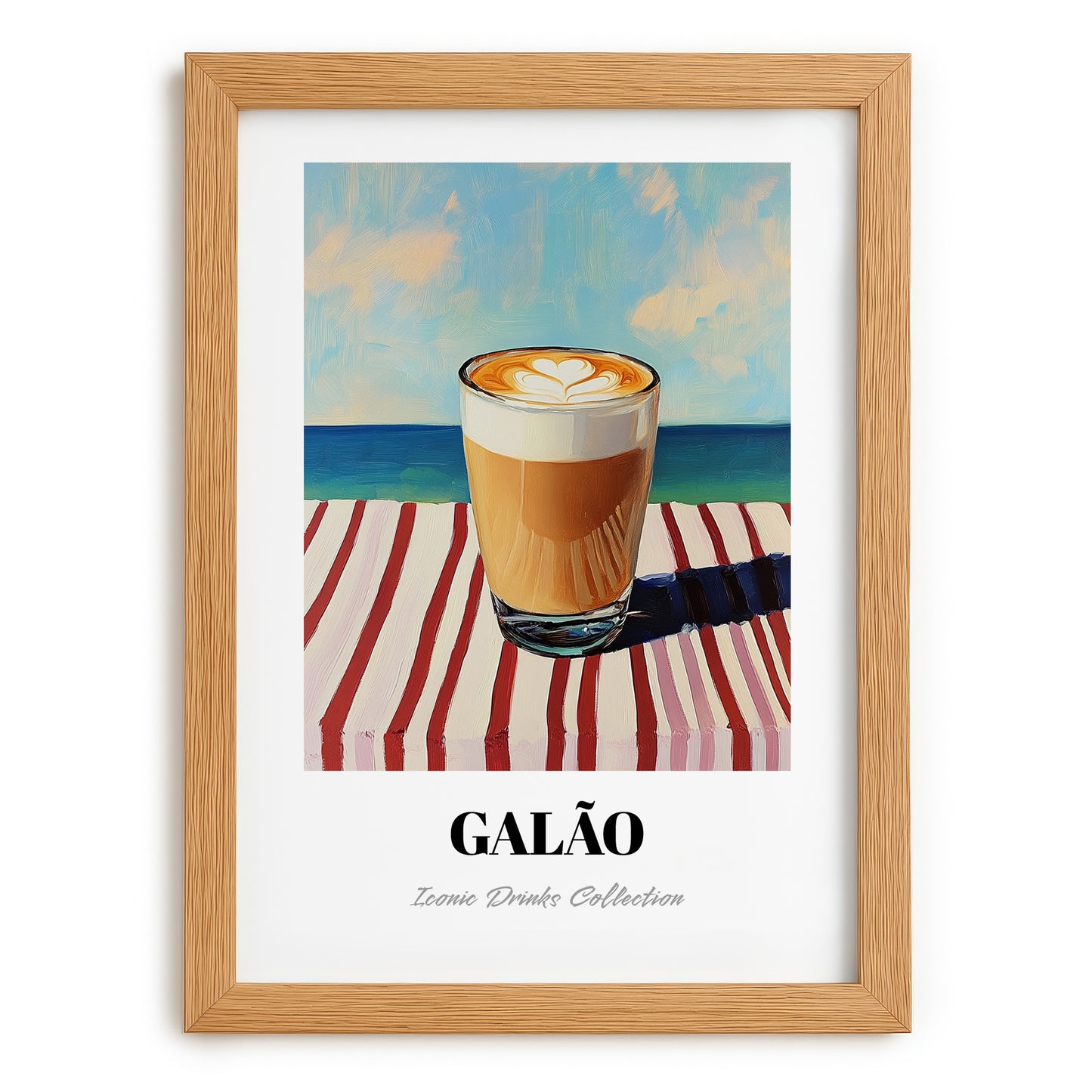 Galão – Portuguese Coastal Café Moment, Portuguese Coffee Painting, set in oak frame