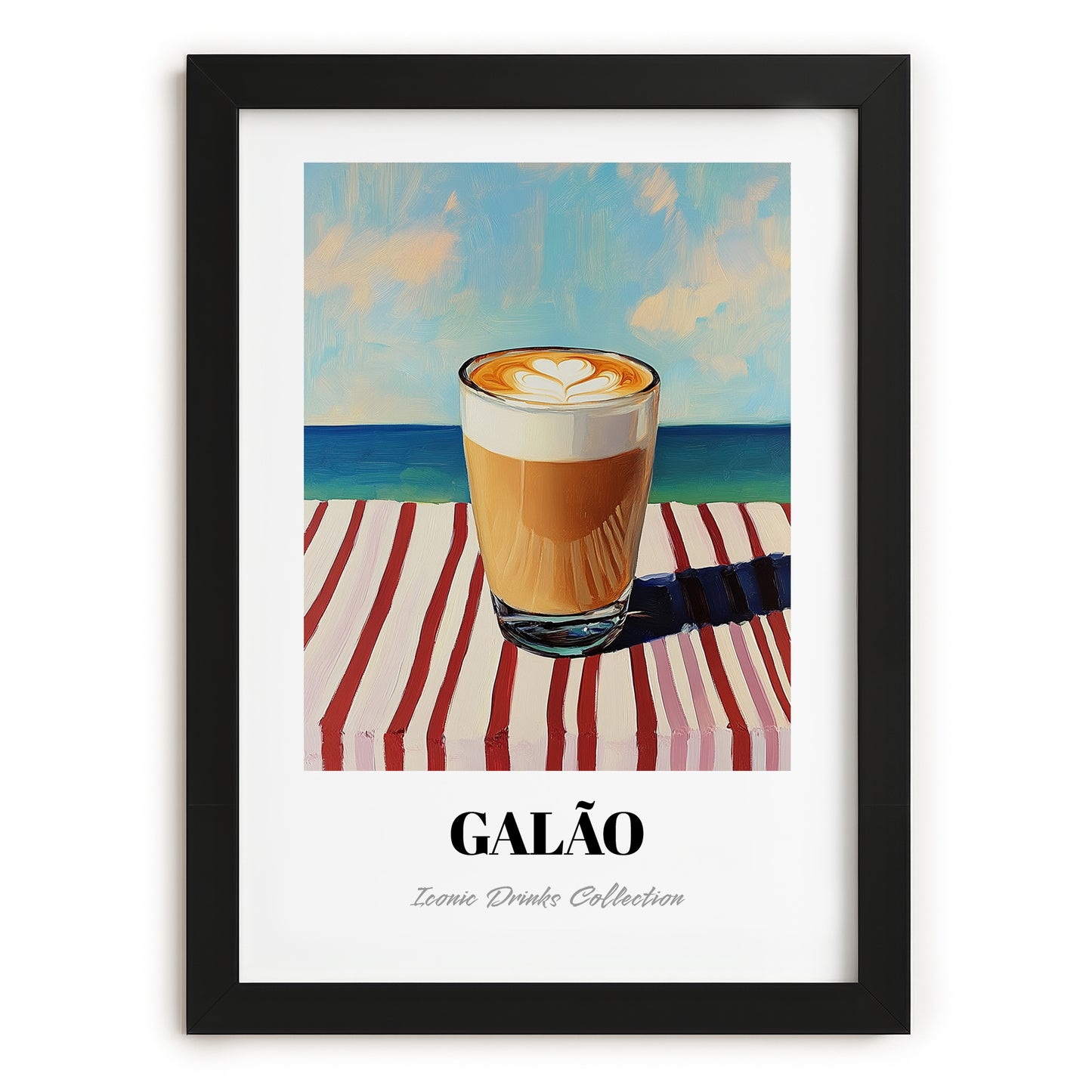Galão – Portuguese Coastal Café Moment, Portuguese Coffee Painting, in sleek black frame