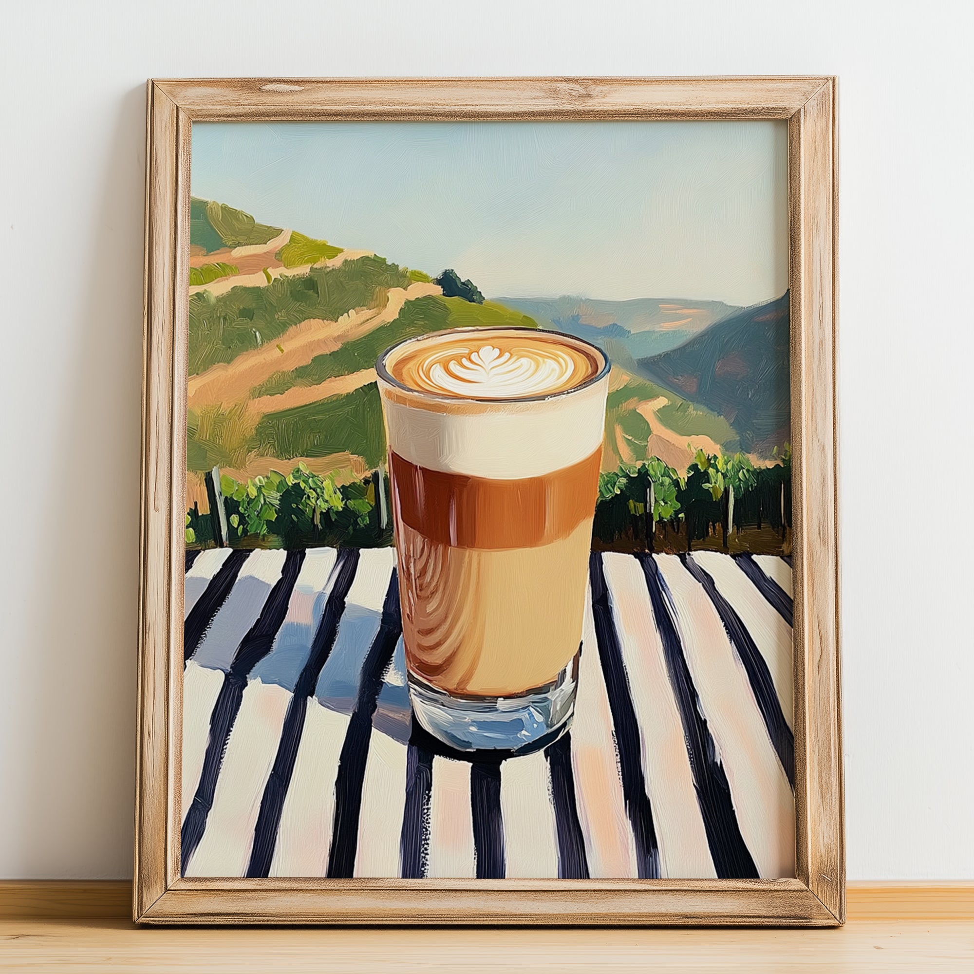 Galão – Portuguese Hillside Café View, Portuguese Coffee Illustration, no-text version framed in wood