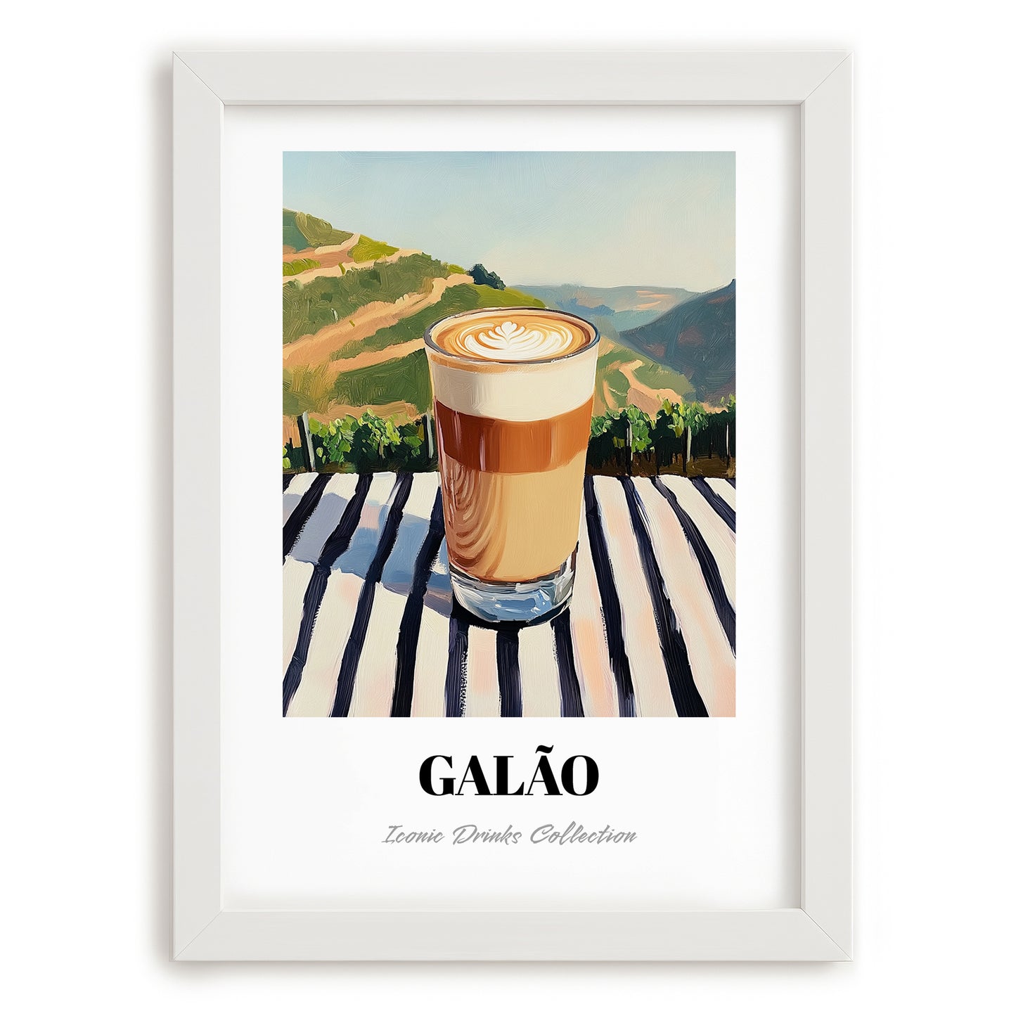 Galão – Portuguese Hillside Café View, Portuguese Coffee Illustration, placed in minimal white frame