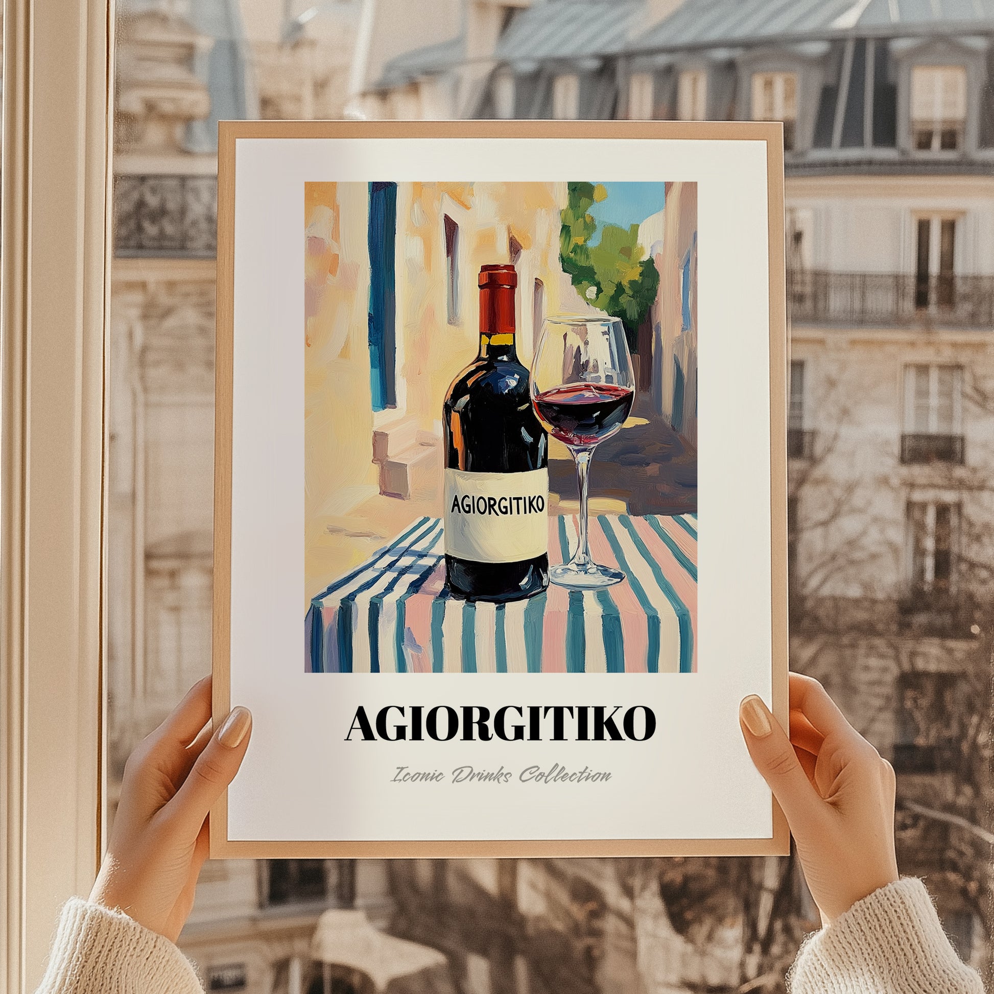 Agiorgitiko – Greek Café on the Corner, Greek Wine Wall Decor, styled in a charming Paris street view