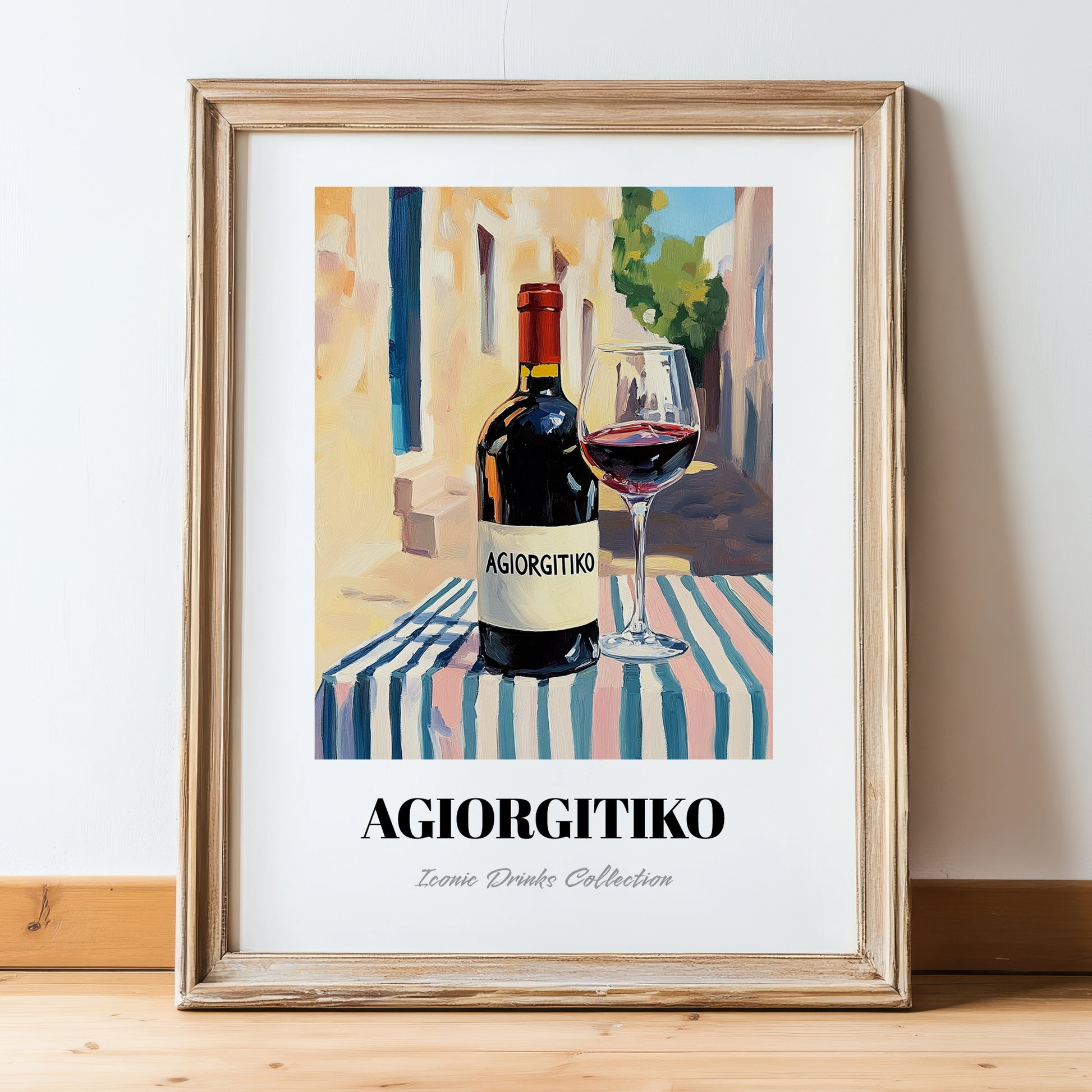 Agiorgitiko – Greek Café on the Corner, Greek Wine Wall Decor, in wooden frame leaning on the floor