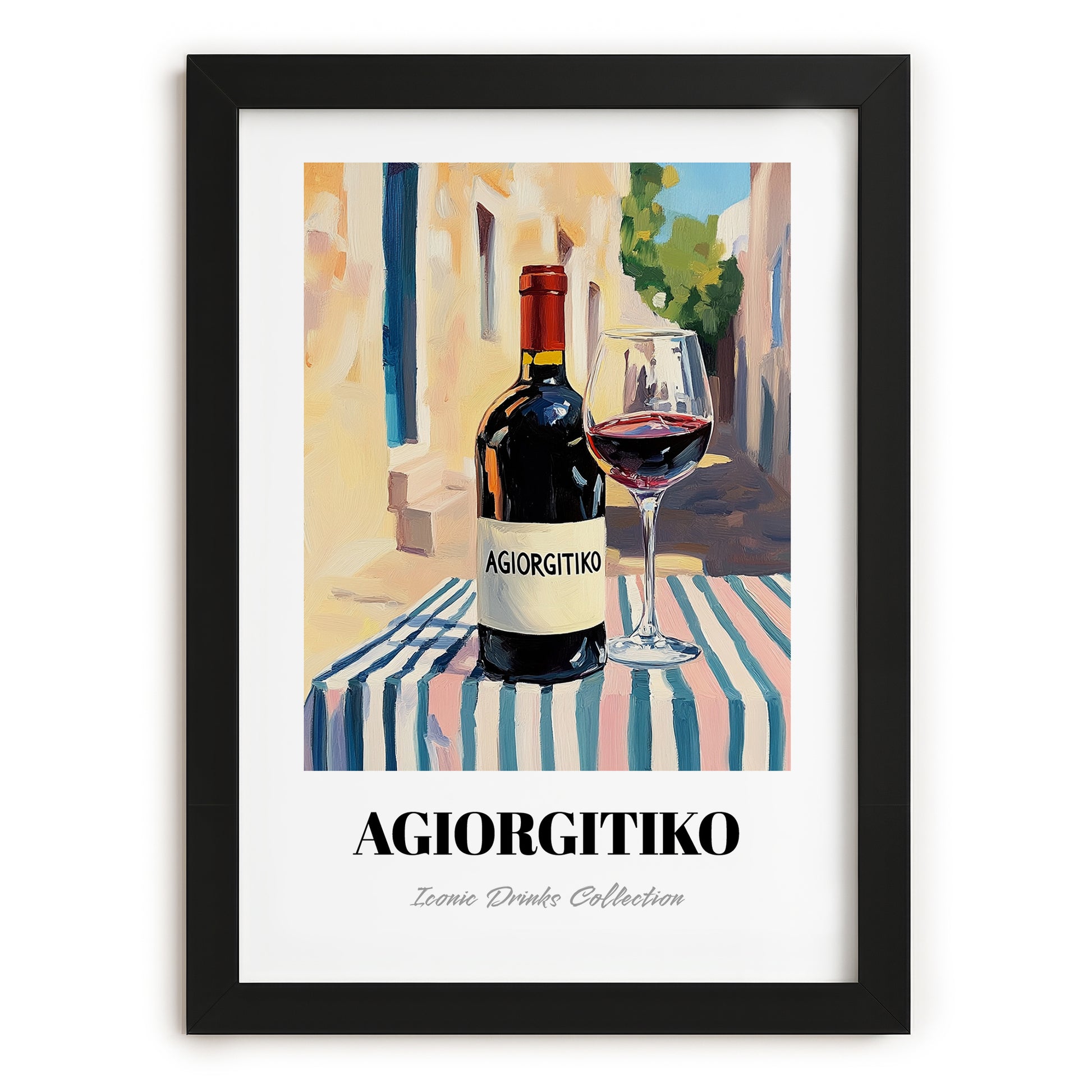 Agiorgitiko – Greek Café on the Corner, Greek Wine Wall Decor, in sleek black frame