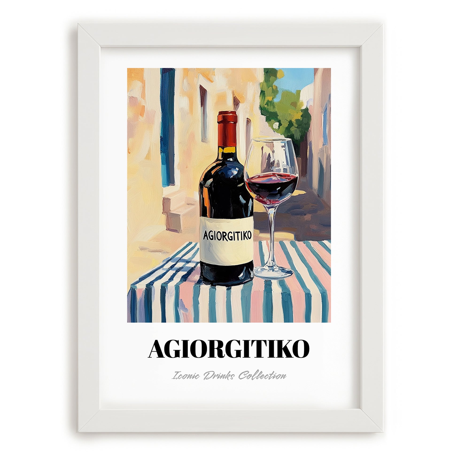 Agiorgitiko – Greek Café on the Corner, Greek Wine Wall Decor, placed in minimal white frame