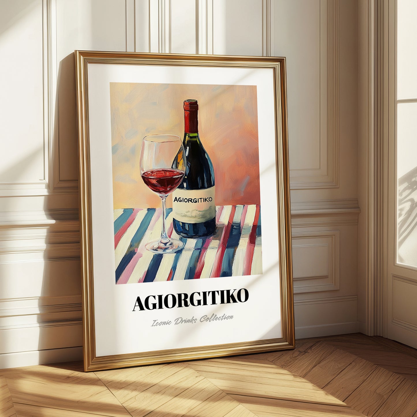 Agiorgitiko – on Striped Tablecloth, Greek Wine Wall Decor