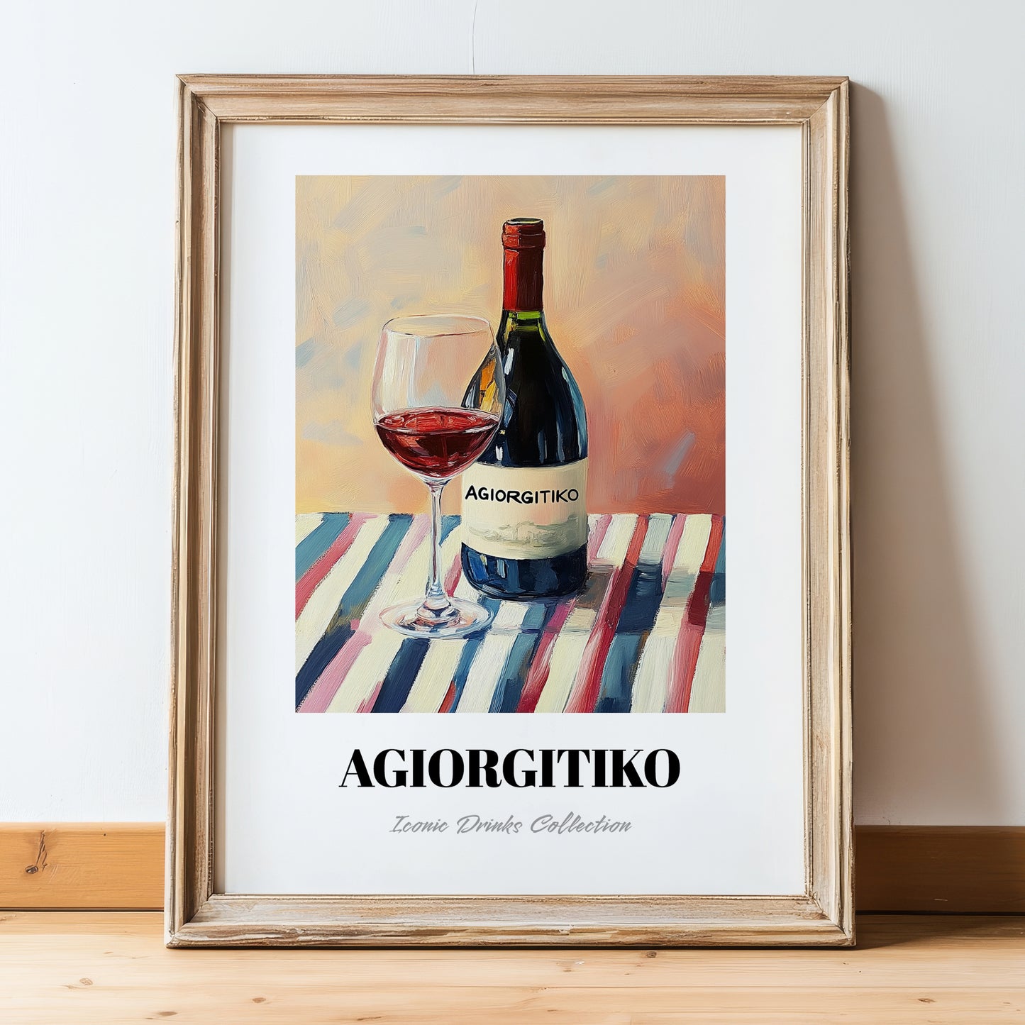 Agiorgitiko – on Striped Tablecloth, Greek Wine Wall Decor, in wooden frame leaning on the floor