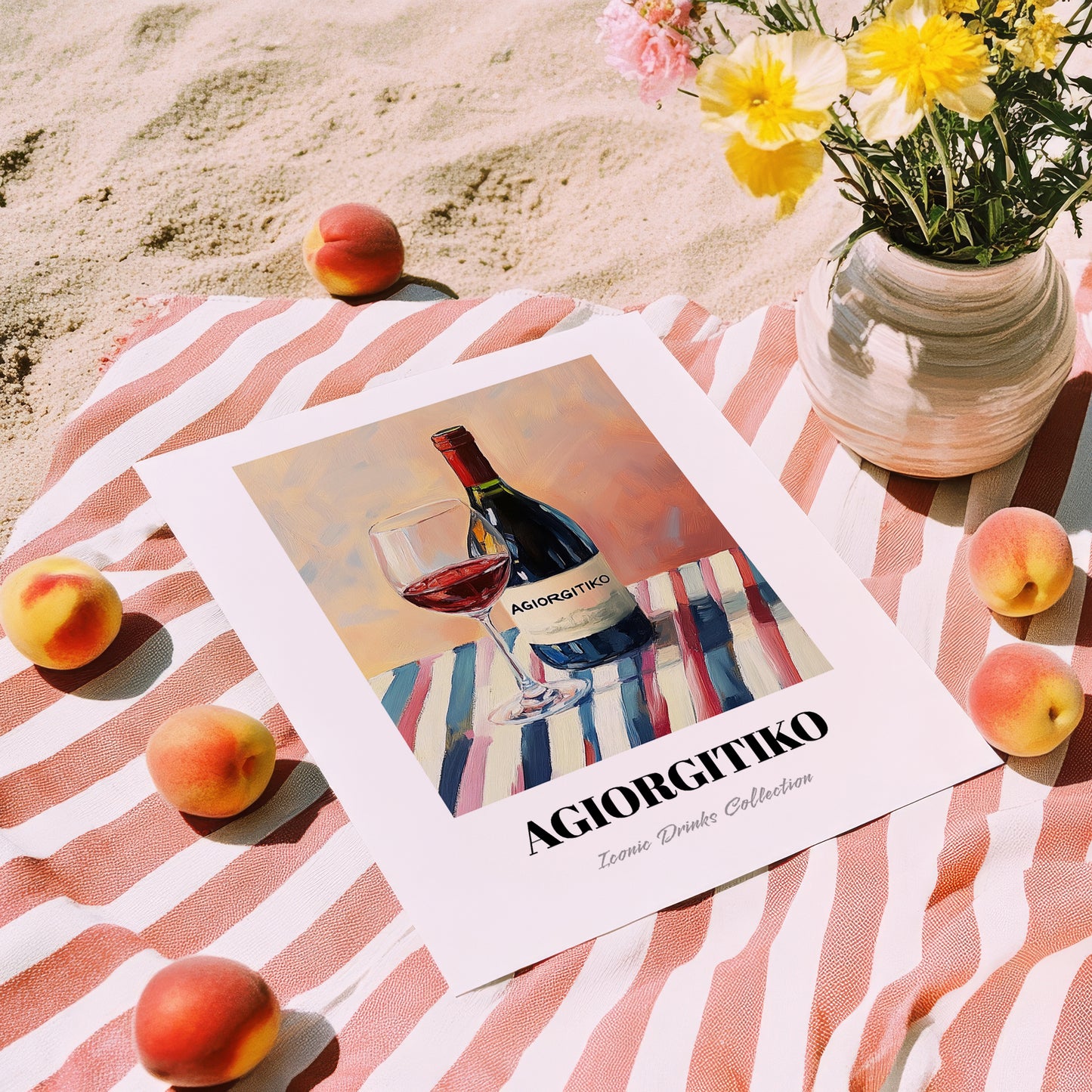 Agiorgitiko – on Striped Tablecloth, Greek Wine Wall Decor, unframed on coastal sand