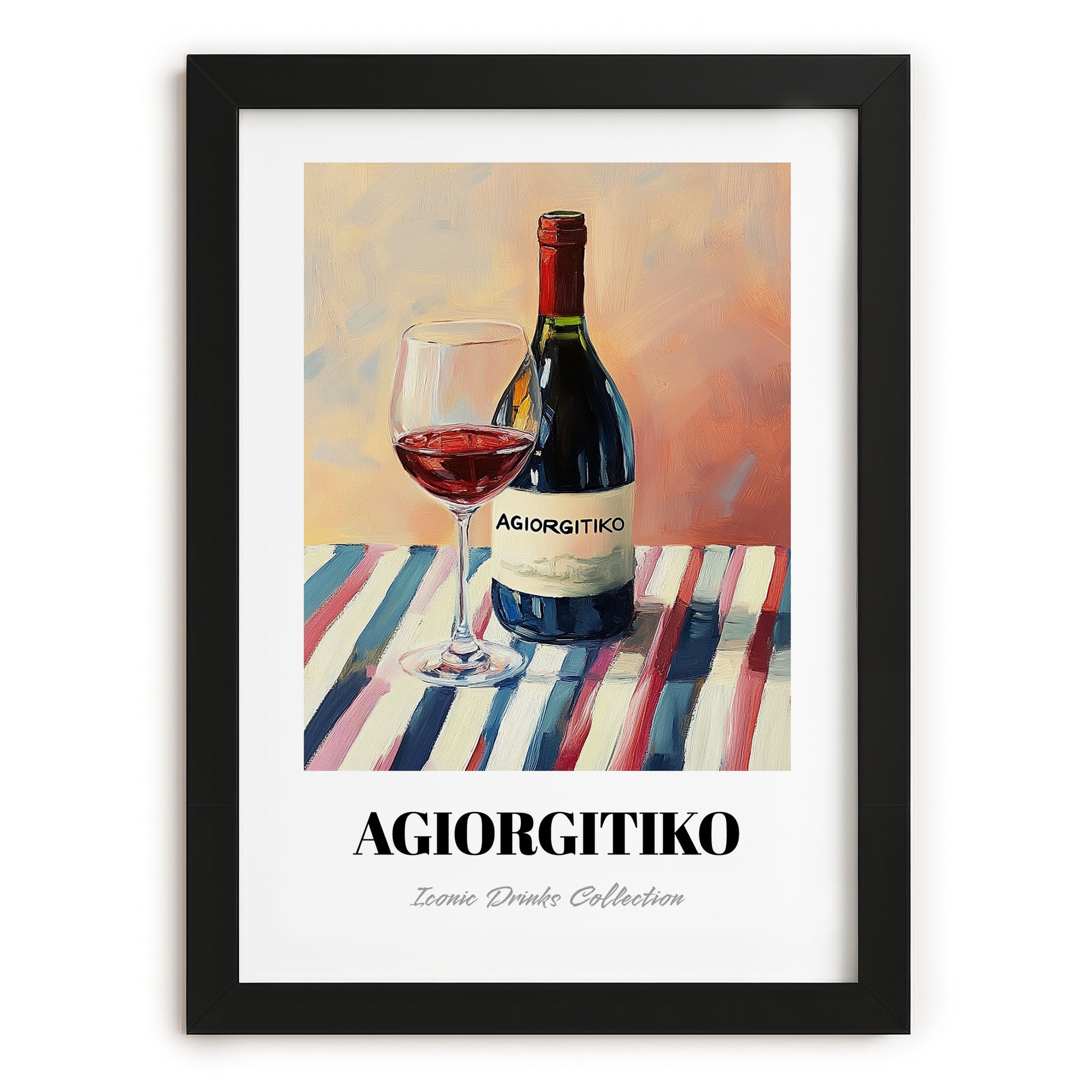 Agiorgitiko – on Striped Tablecloth, Greek Wine Wall Decor, in sleek black frame