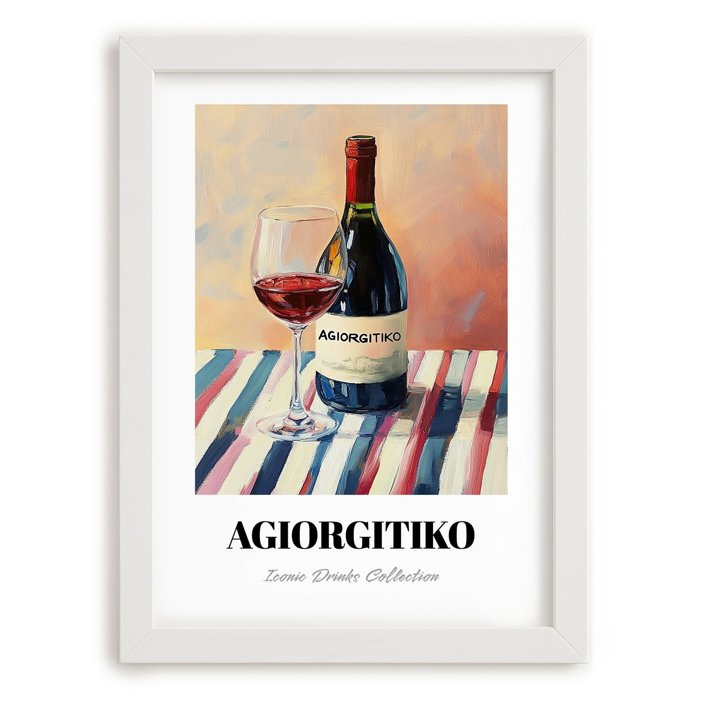 Agiorgitiko – on Striped Tablecloth, Greek Wine Wall Decor, placed in minimal white frame