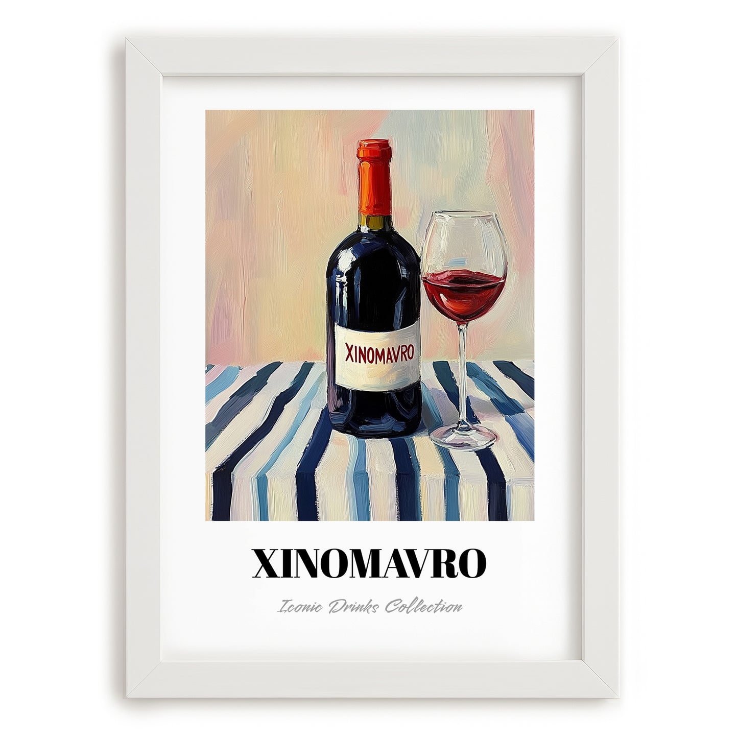 Xinomavro – on Striped Tablecloth, Greek Wine Wall Painting, placed in minimal white frame