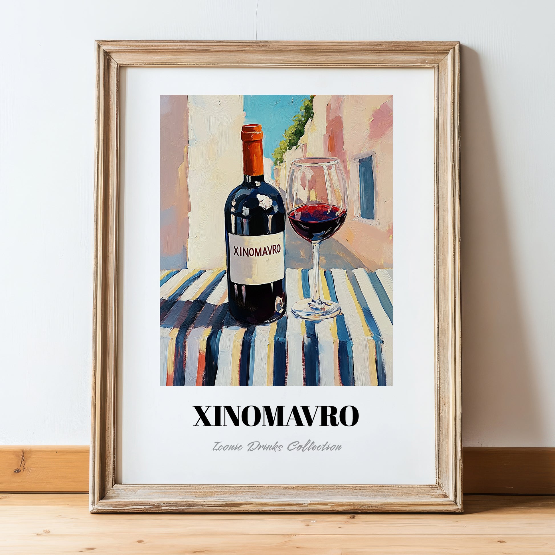 Xinomavro – Greek Street Café Scene, Greek Wine Still Life, in wooden frame leaning on the floor