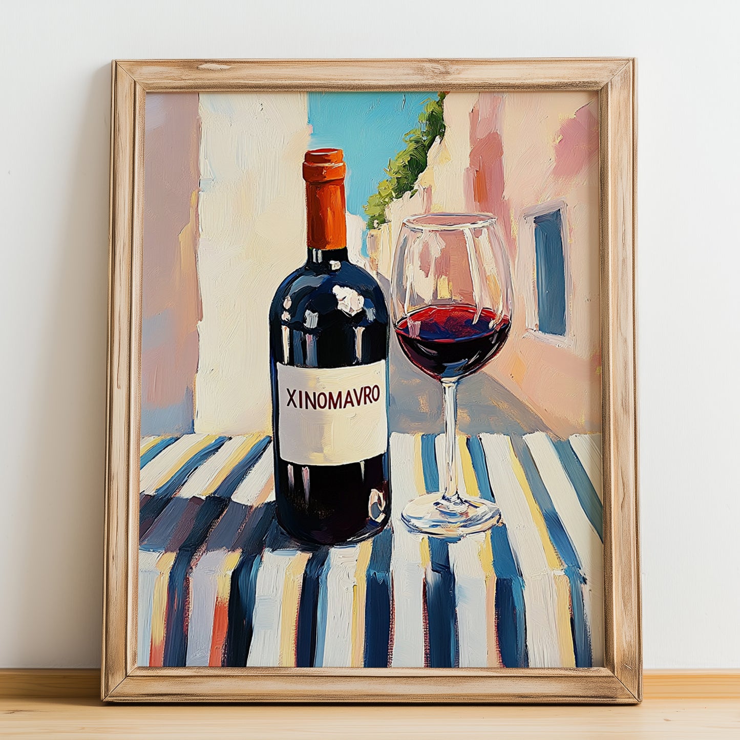 Xinomavro – Greek Street Café Scene, Greek Wine Still Life, no-text version framed in wood