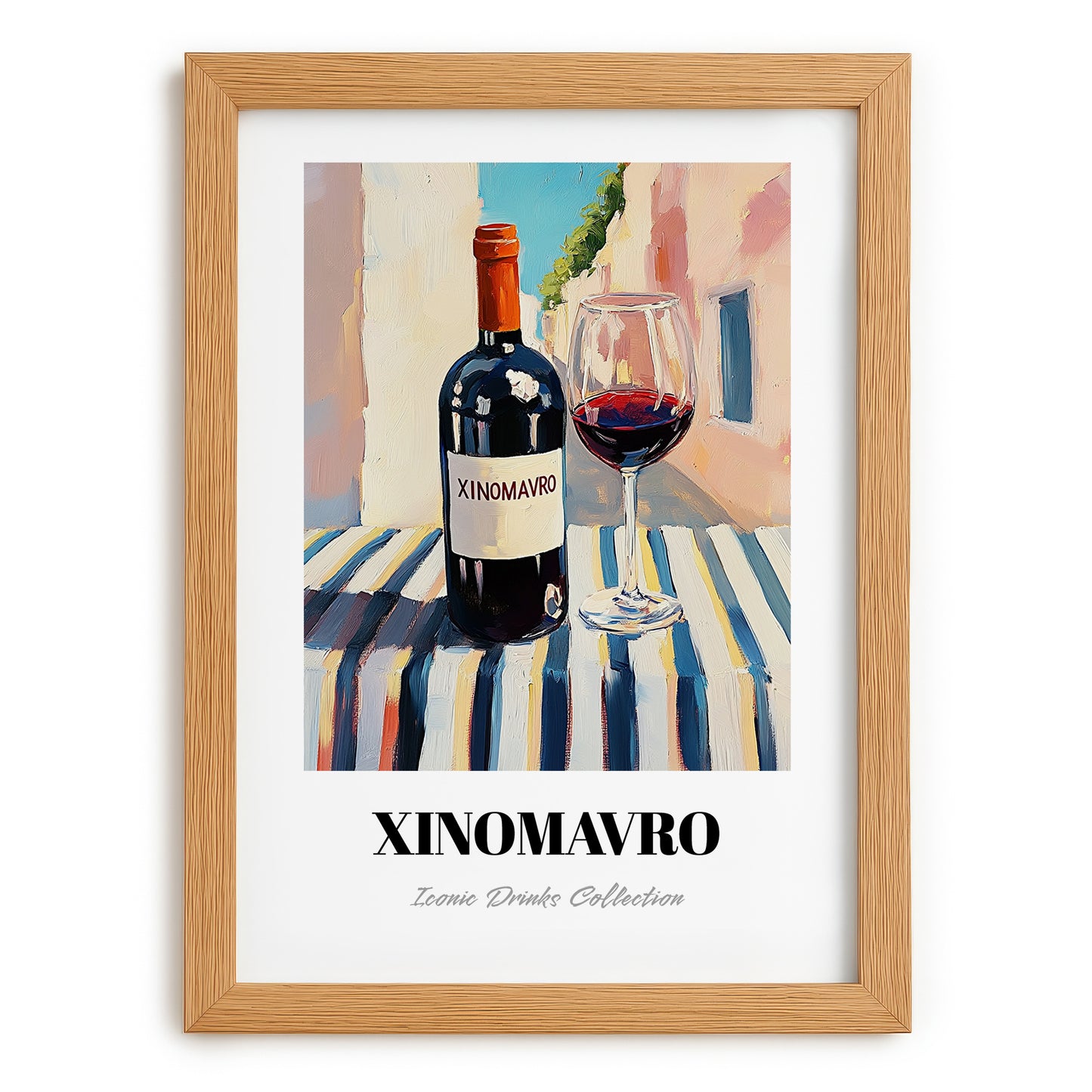Xinomavro – Greek Street Café Scene, Greek Wine Still Life, set in oak frame