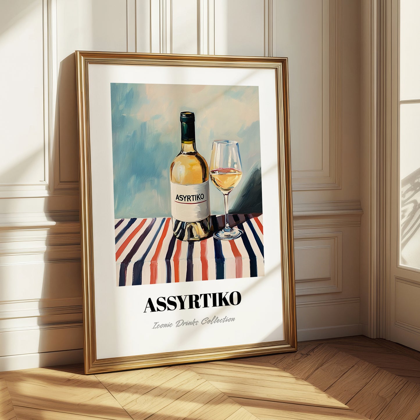Assyrtiko – on Striped Tablecloth, Greek Wine Painting