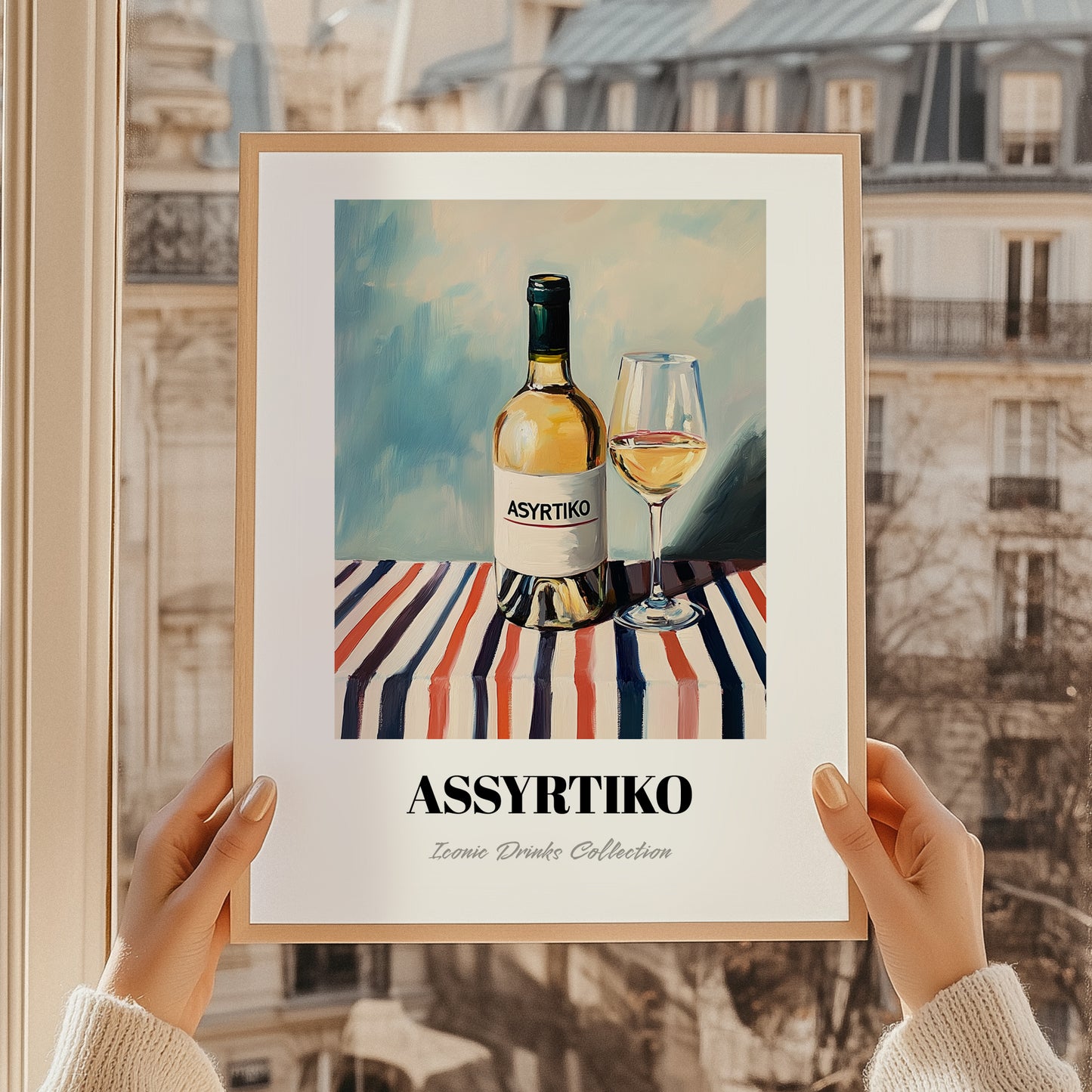 Assyrtiko – on Striped Tablecloth, Greek Wine Painting, styled in a charming Paris street view