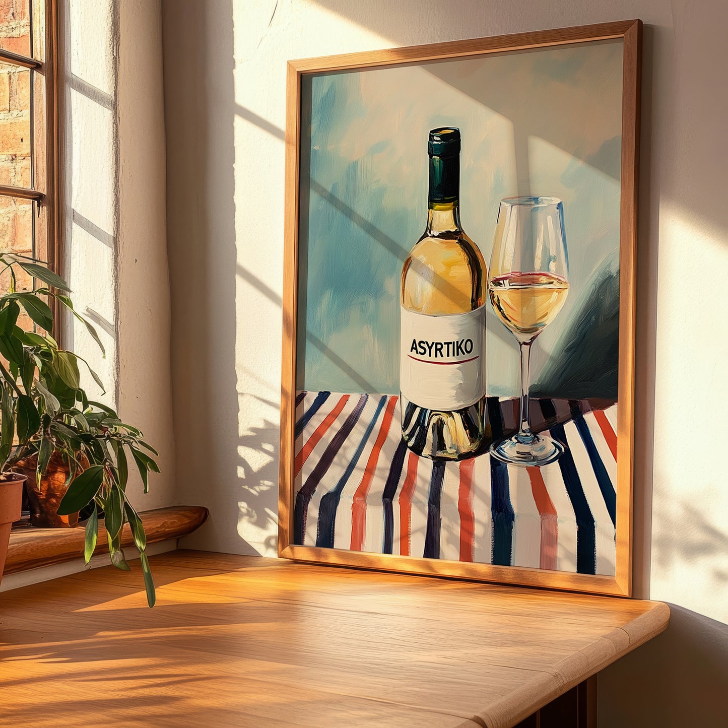 Assyrtiko – on Striped Tablecloth, Greek Wine Painting, clean layout with no caption