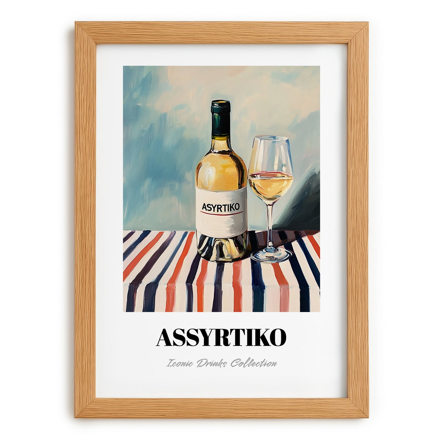 Assyrtiko – on Striped Tablecloth, Greek Wine Painting, set in oak frame