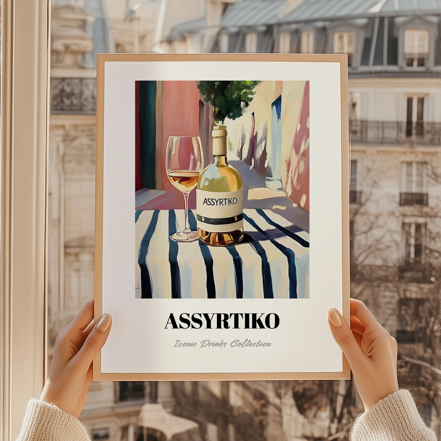 Assyrtiko – Greek Outdoor Café Scene, Greek Wine Still Life, styled in a charming Paris street view