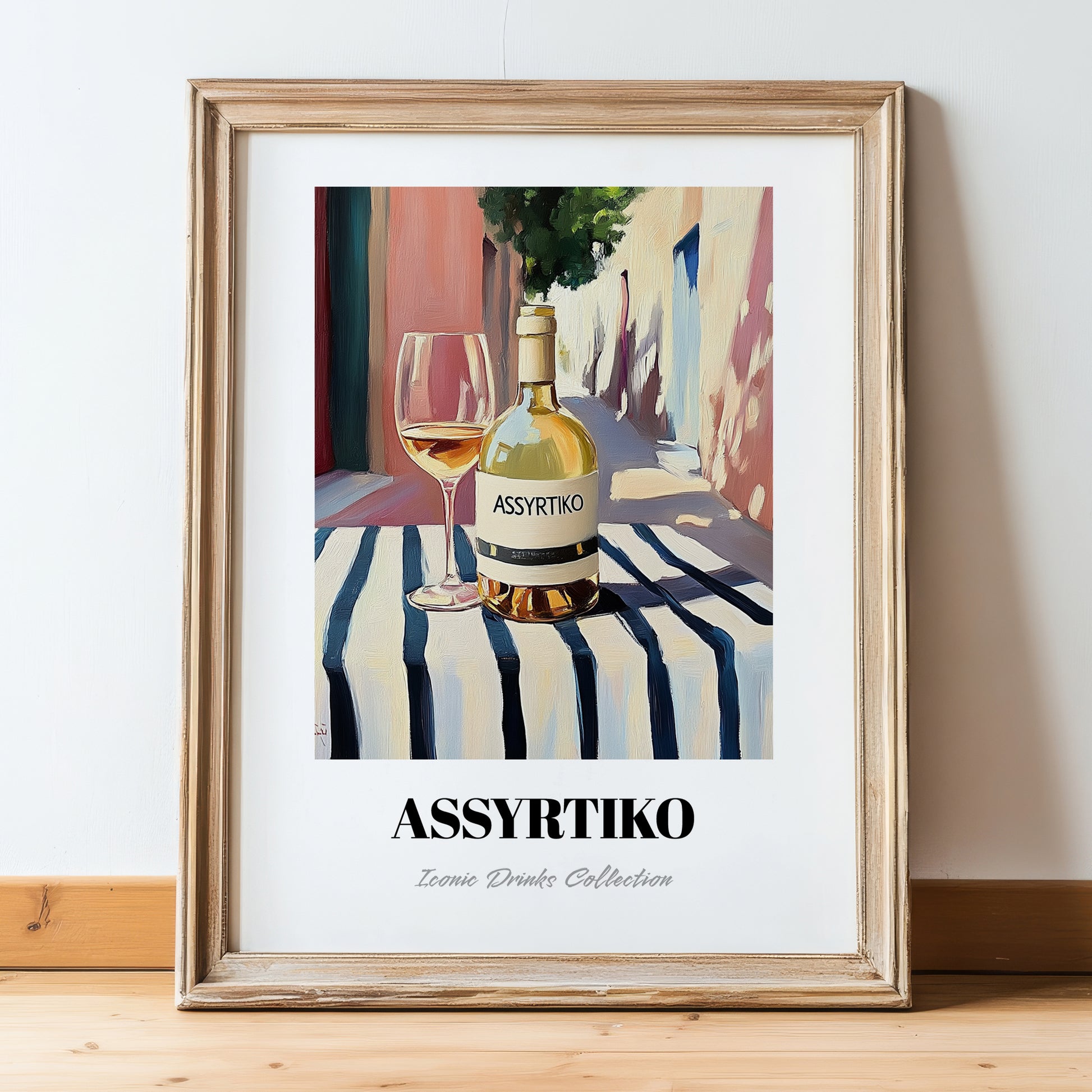 Assyrtiko – Greek Outdoor Café Scene, Greek Wine Still Life, in wooden frame leaning on the floor