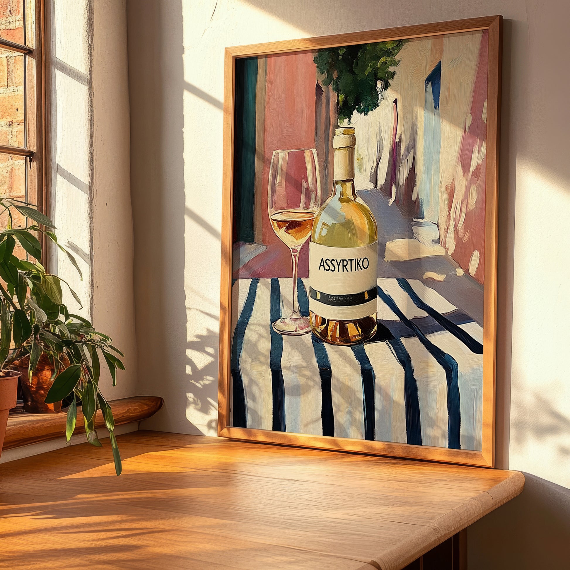 Assyrtiko – Greek Outdoor Café Scene, Greek Wine Still Life, clean layout with no caption