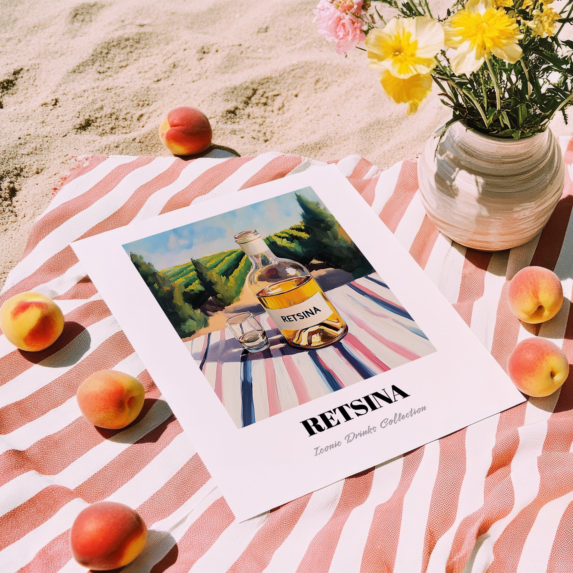 Retsina – Greek Hilltop Table Scene, Greek Wine Still Life, unframed on coastal sand