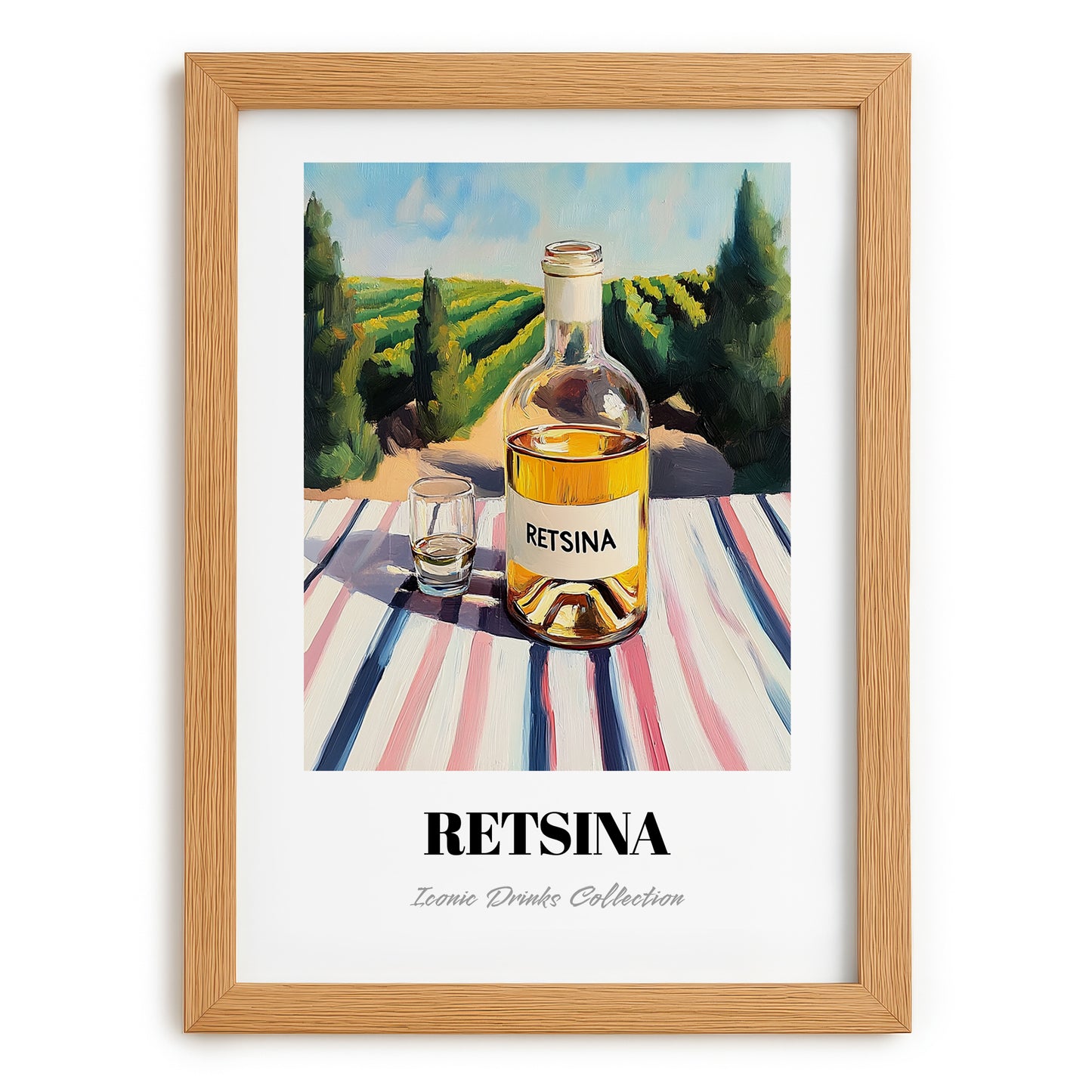 Retsina – Greek Hilltop Table Scene, Greek Wine Still Life, set in oak frame